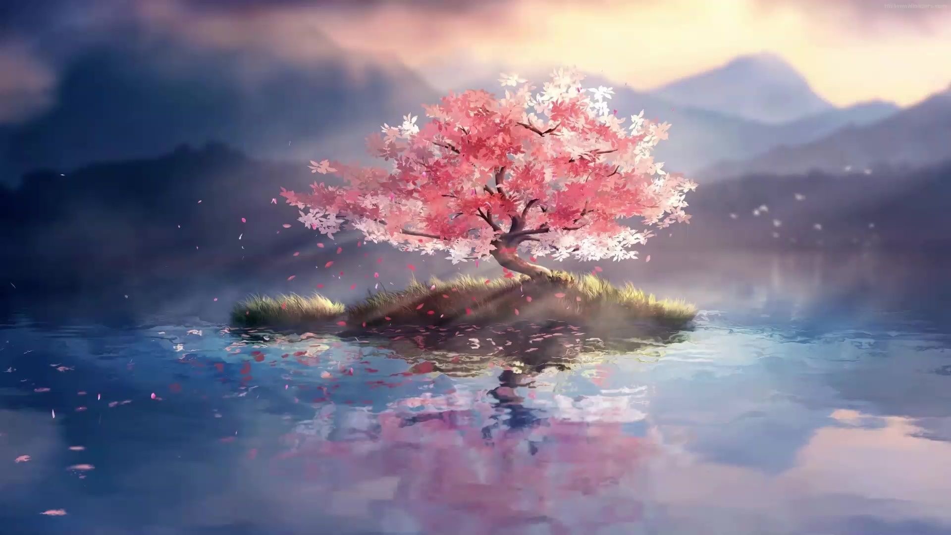 Blooming sakura tree, Calm lake reflection, Small grassy islet, Full HD Desktop wallpaper