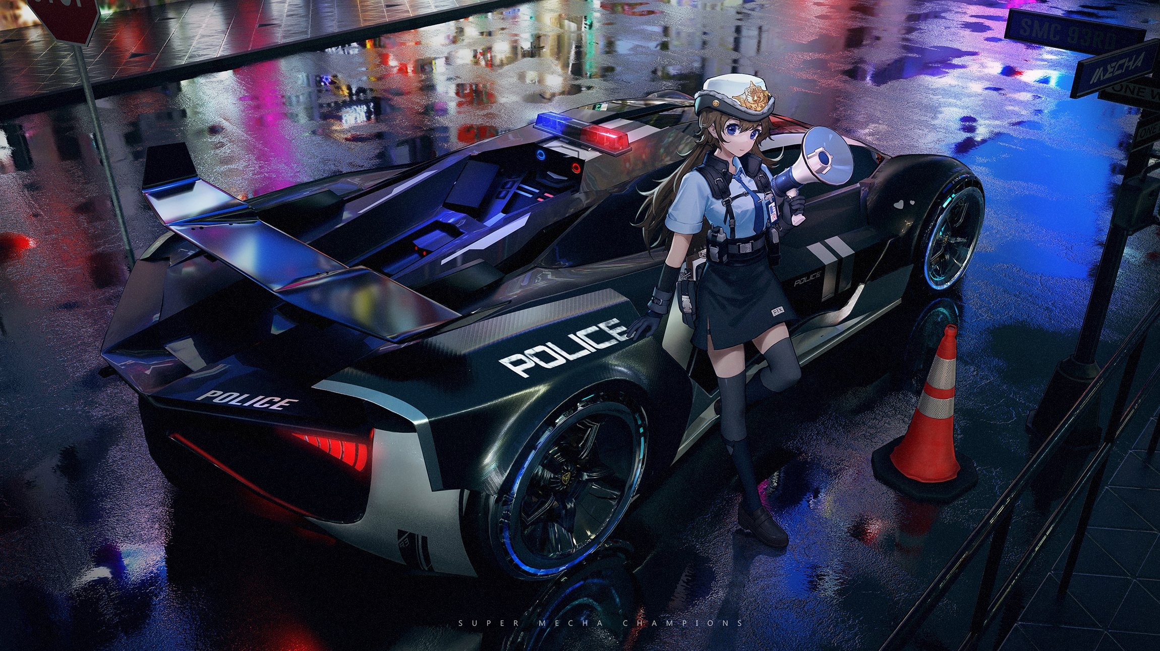 Super Mecha Champions, Futuristic police supercar, Anime police officer, HD Desktop wallpaper