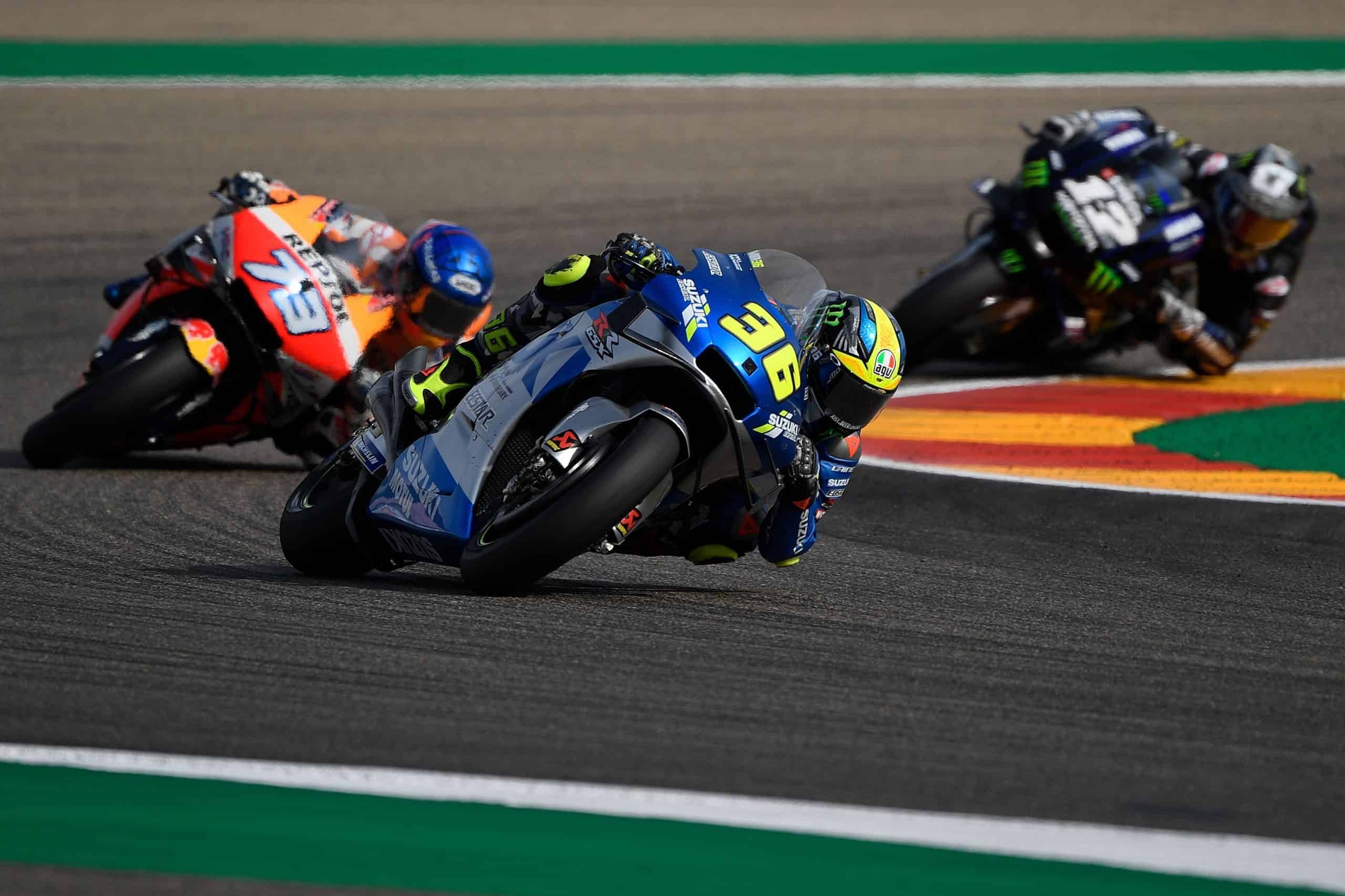 Joan Mir number 36, Alex Marquez number 73, Maverick Vinales number 12, MotoGP pack through corner, HD Desktop wallpaper