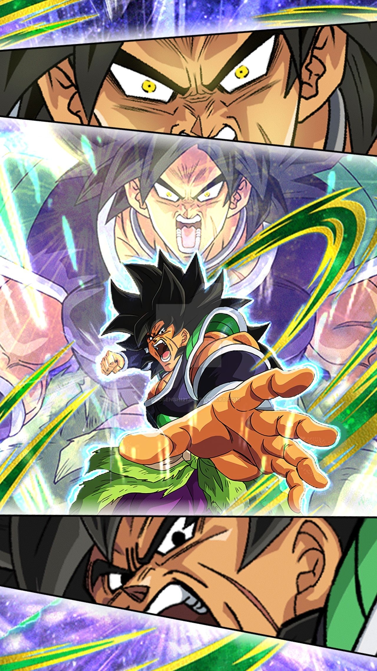 Wrathful Broly, Dragon Ball Z: Dokkan Battle, Green ki energy aura, Manga panel cut-in collage, HD Phone wallpaper