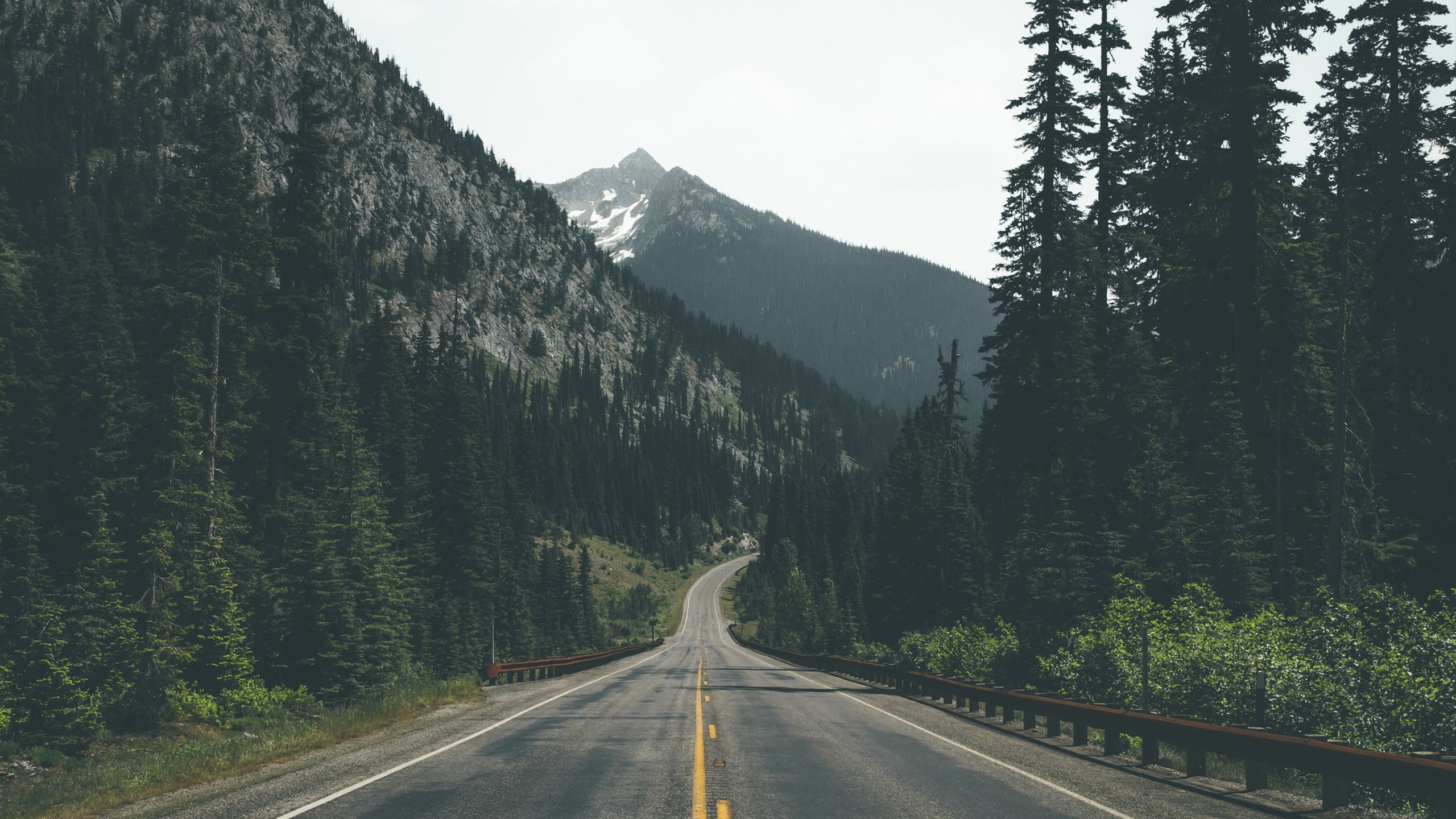 two-lane mountain highway, snow-dusted rocky peak, dense evergreen pine forest, HD Desktop wallpaper