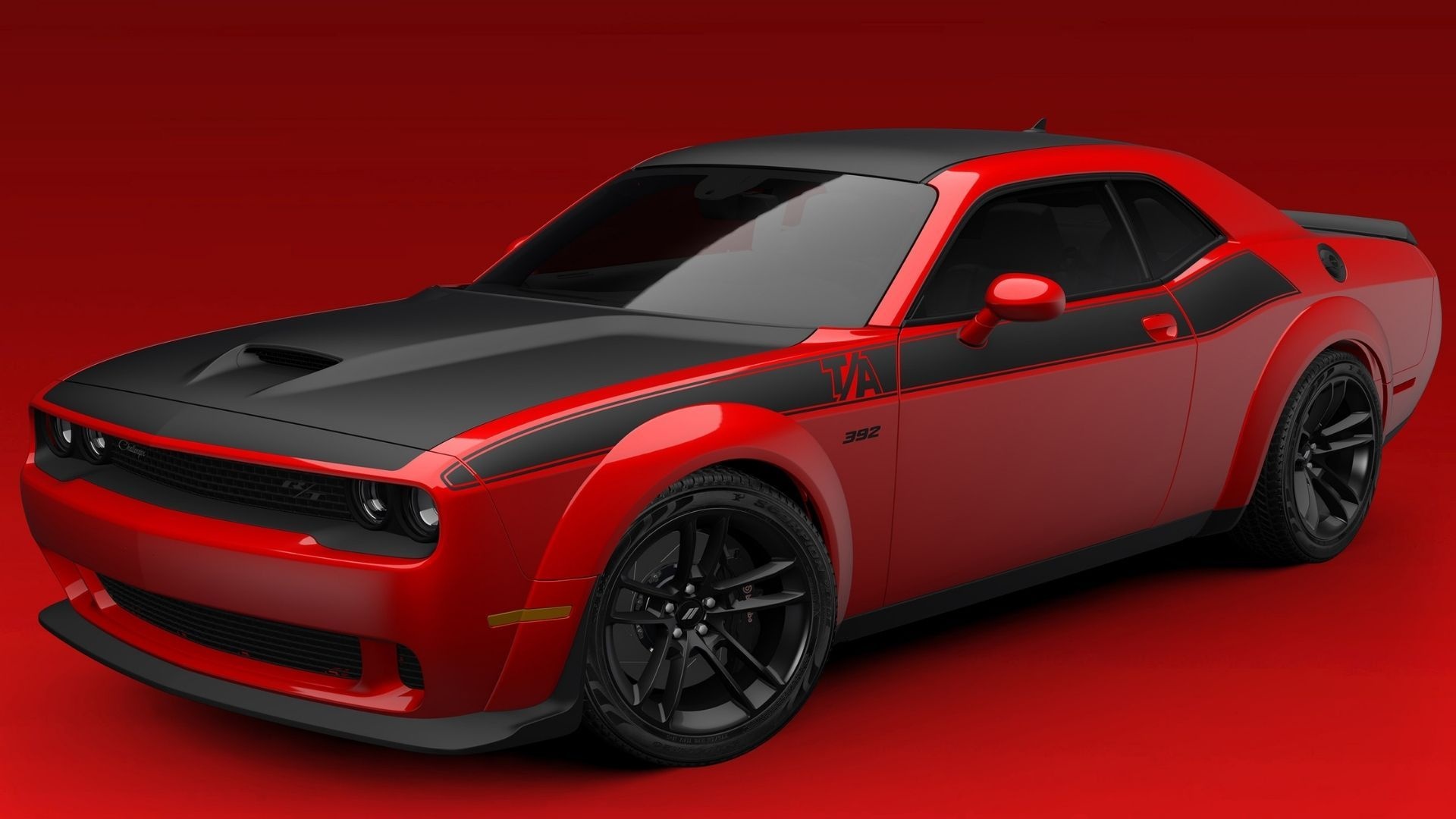 Dodge Challenger T/A 392 Widebody, T/A 392 side stripe, red studio backdrop, Full HD Desktop wallpaper