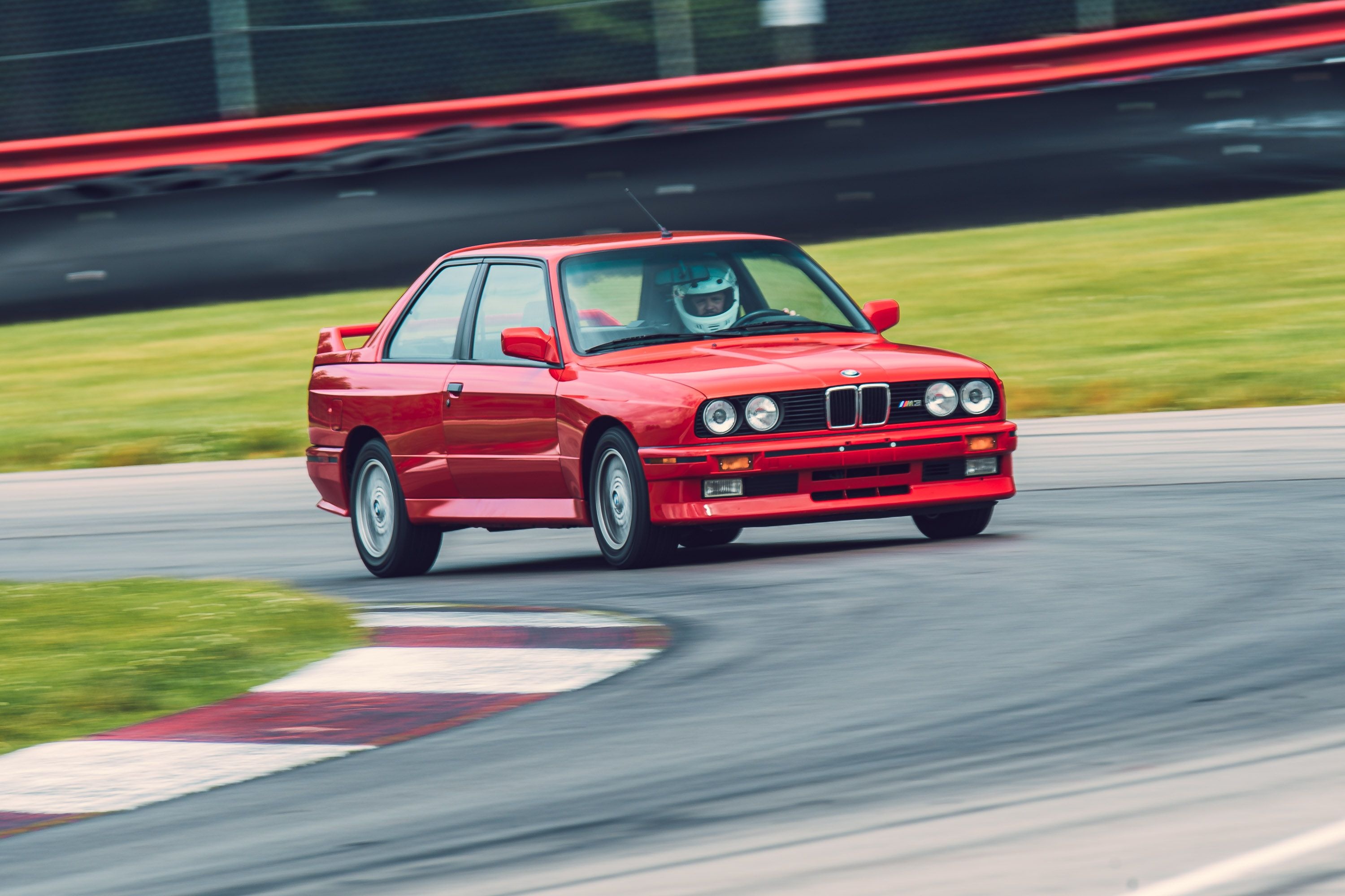 red BMW E30 M3, asphalt race track, driver in white helmet, HD Desktop wallpaper