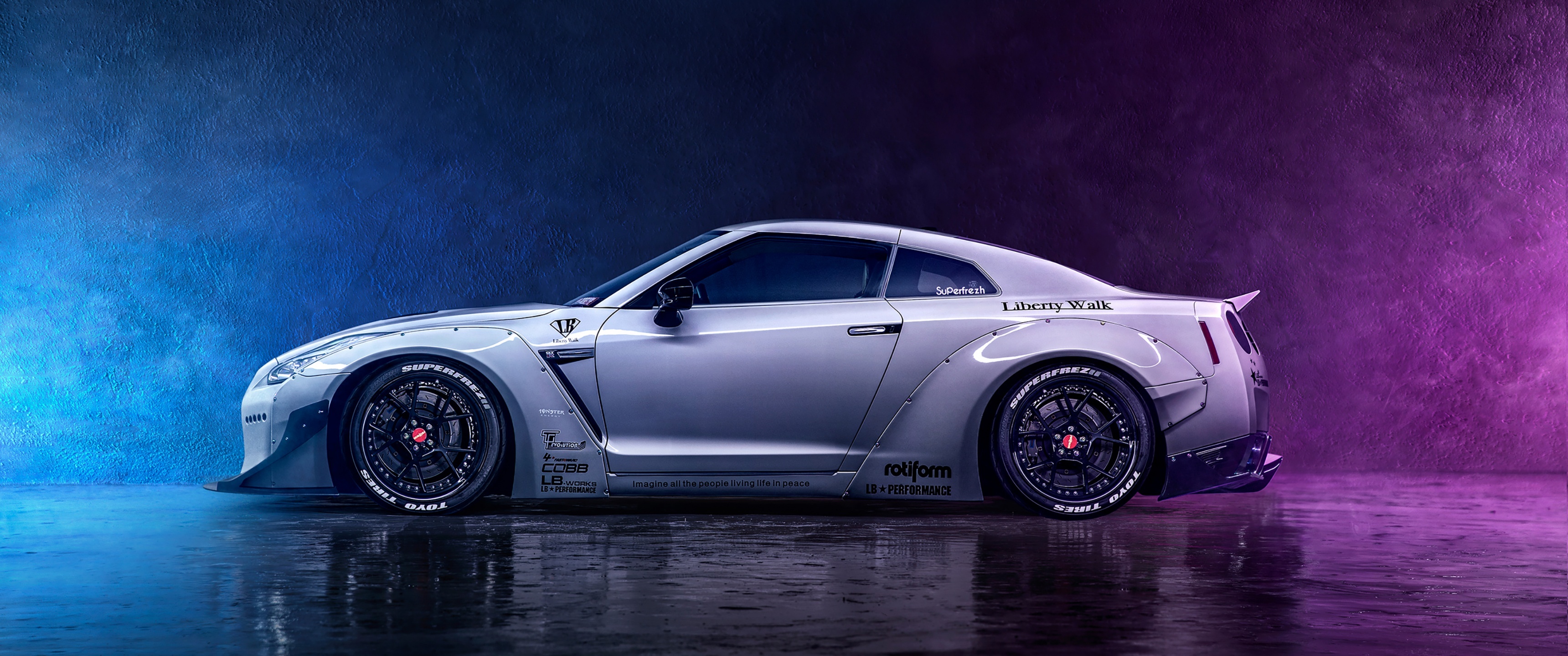 Nissan GT-R, 4k resolution wallpaper, Neon digital art, 3440x1440 Dual Screen Desktop