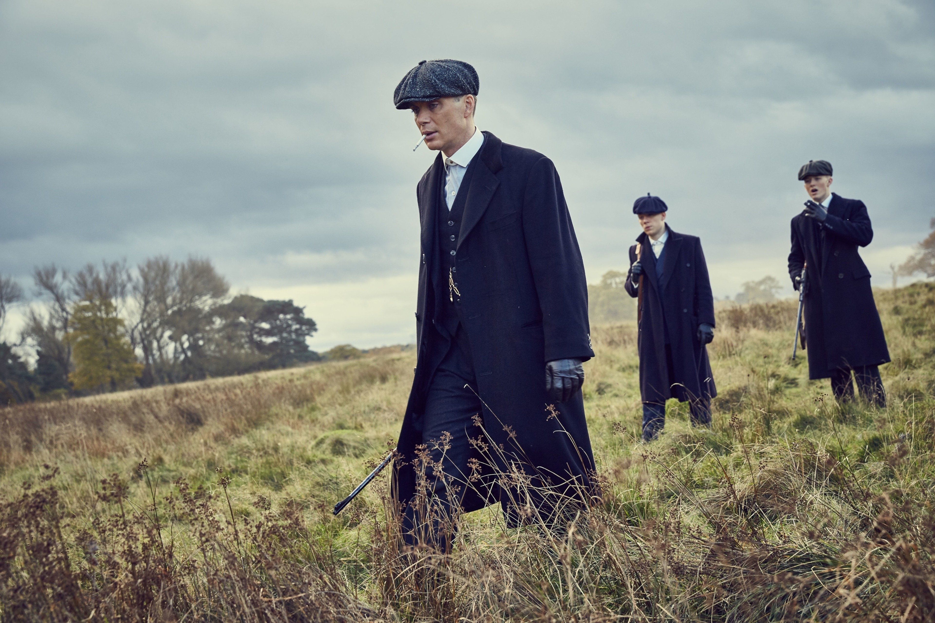 Michael Gray, Finn Shelby, Tommy Shelby, Overcast grassy field, Gloomy cloudy sky, 4K Desktop wallpaper