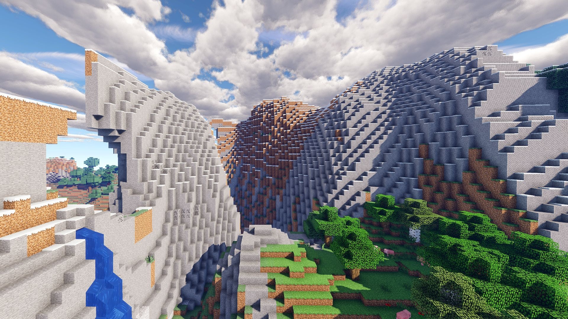 Minecraft blocky mountain, Minecraft shader clouds, Minecraft oak forest, Full HD Desktop wallpaper