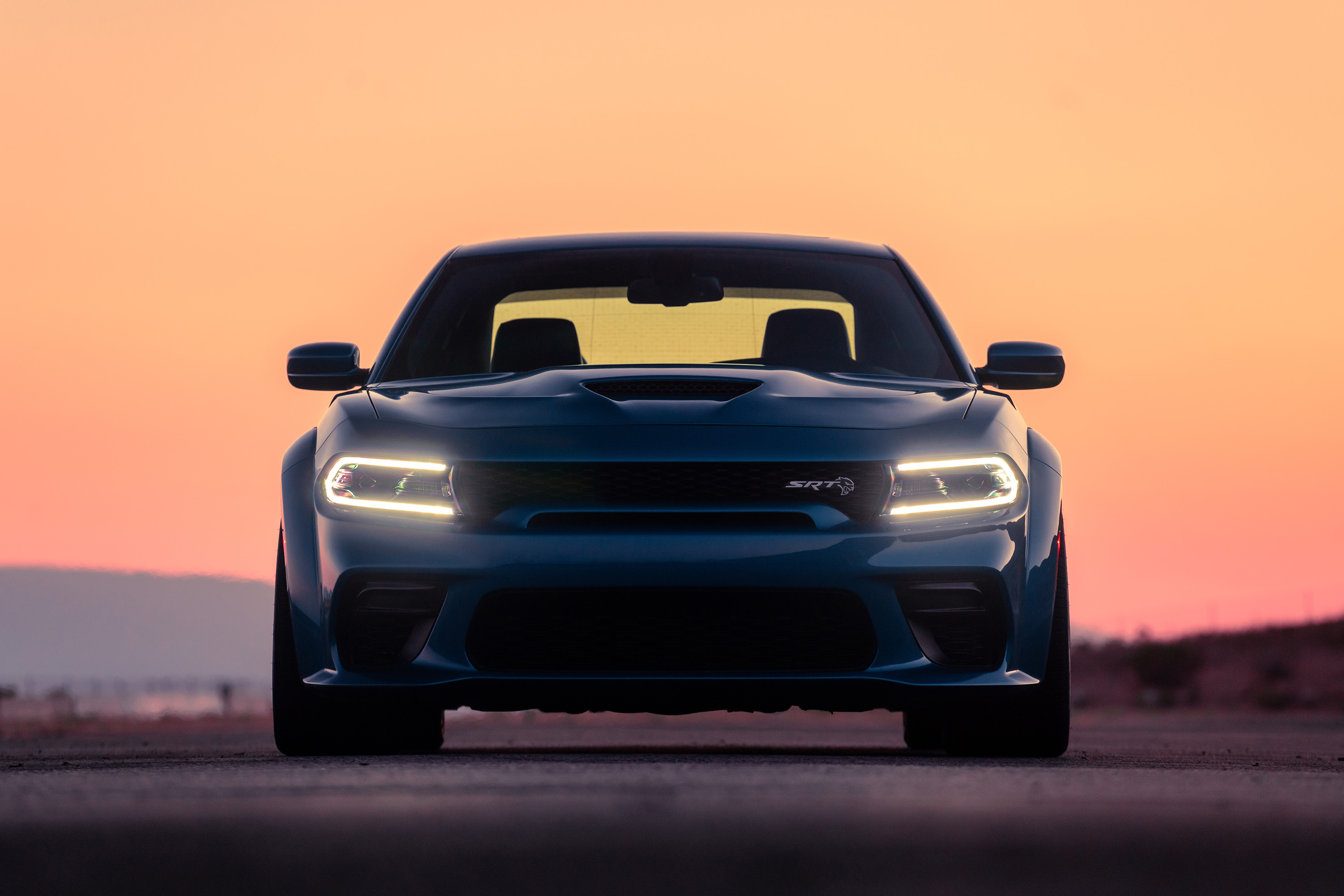 Dodge Charger SRT Hellcat Widebody, SRT Hellcat grille badge, sunset horizon, HD Desktop wallpaper