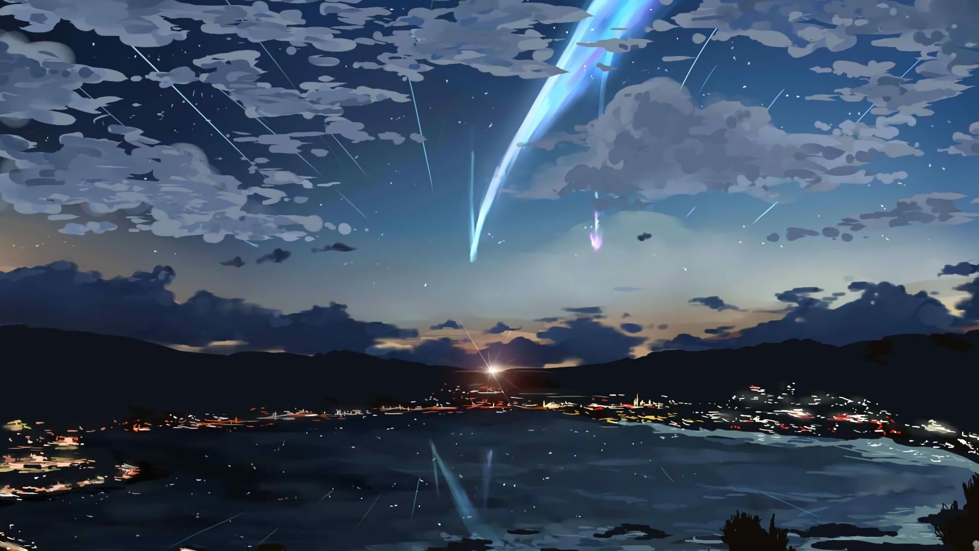Your Name Tiamat comet, Lake Itomori nightscape, meteor shower twilight sky, Full HD Desktop wallpaper