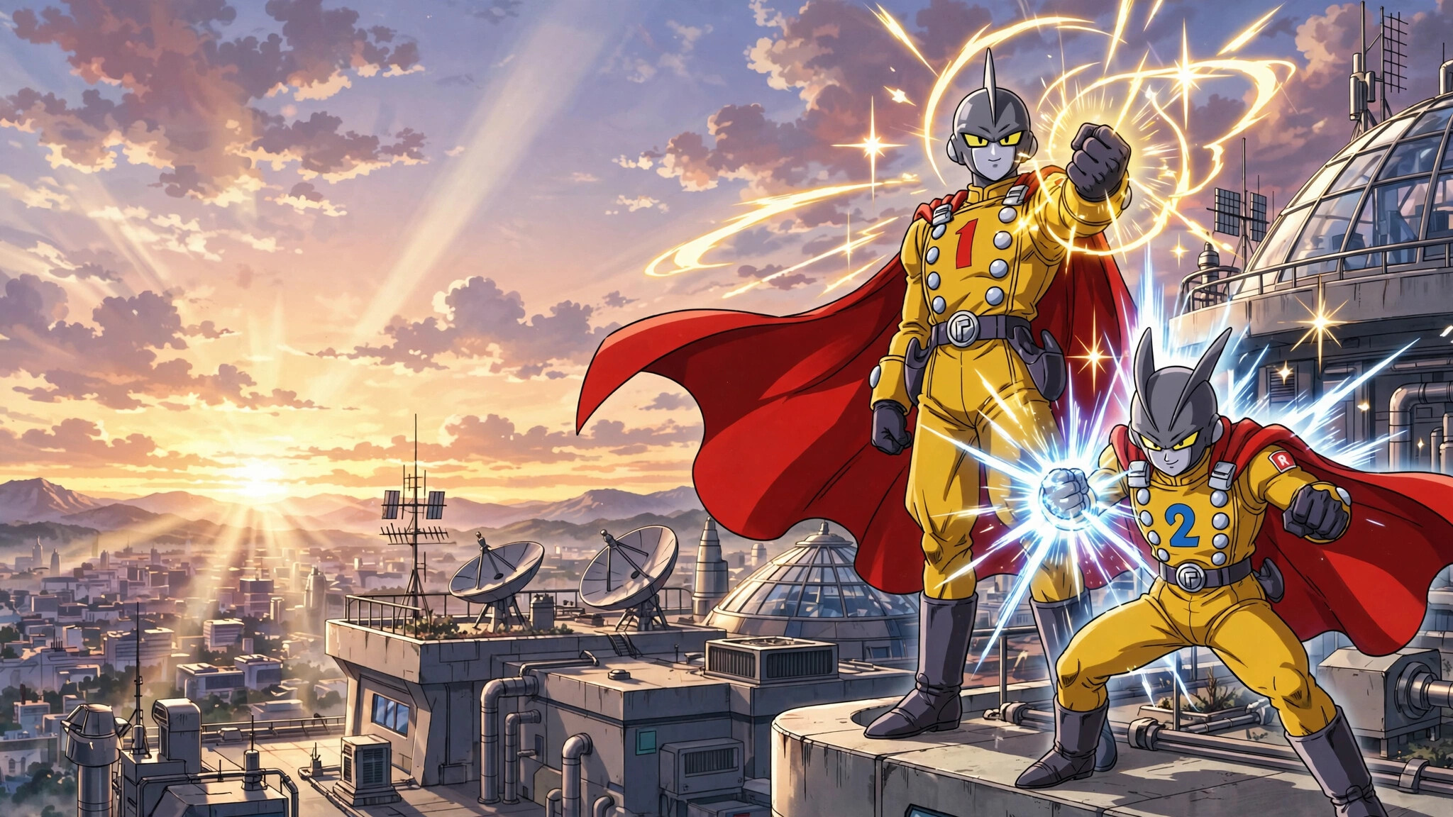 Gamma 1, Gamma 2, Red capes, Rooftop at sunset, Energy effects, Dragon Ball Super: Super Hero, HD Desktop wallpaper