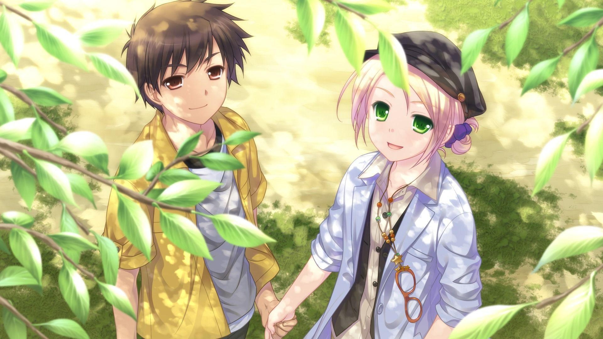 anime boy yellow shirt, anime girl black beret, sunlit foliage foreground, Full HD Desktop wallpaper