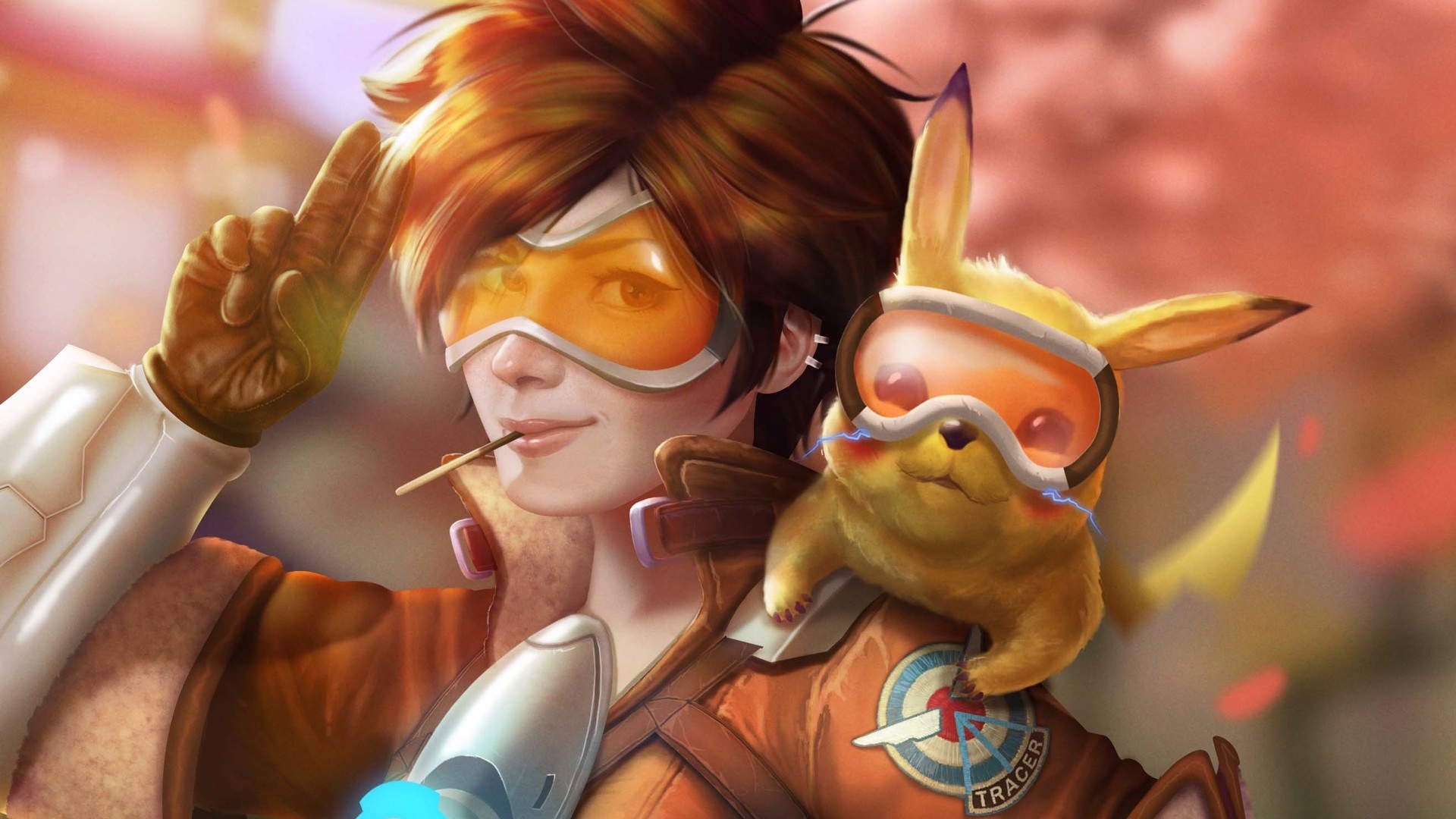 Pikachu, Tracer, orange flight goggles, Full HD Desktop wallpaper