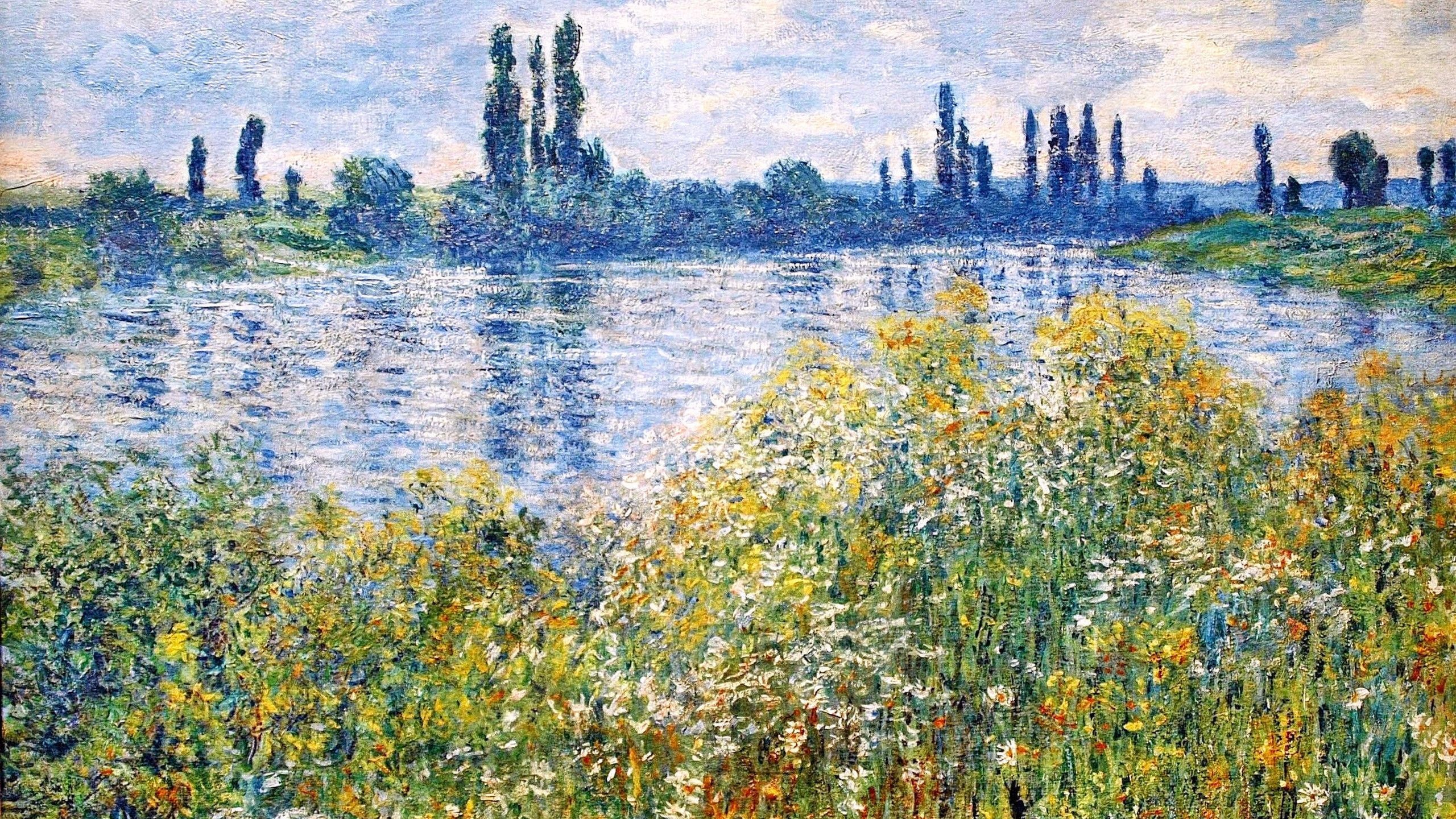 Banks of the Seine, VÃ©theuil, blooming riverbank wildflowers, Seine river reflections, HD Desktop wallpaper