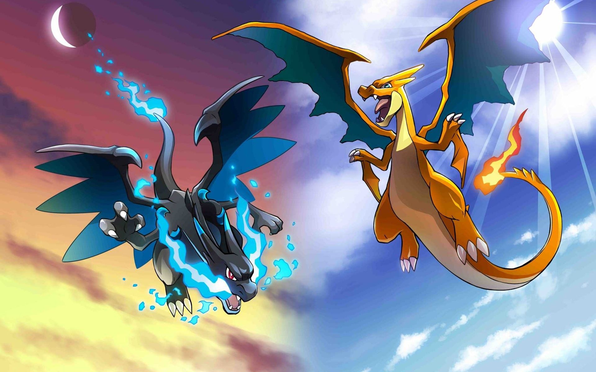 Mega Charizard X, Mega Charizard Y, Pokémon, Day and night sky, HD Desktop wallpaper