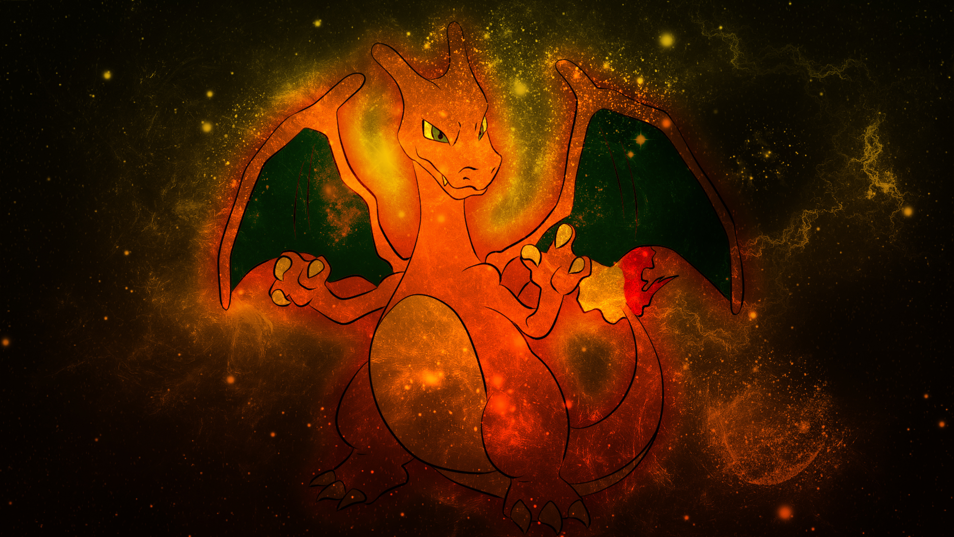 Charizard, Fiery nebula background, Glowing orange sparks, 4K Desktop wallpaper