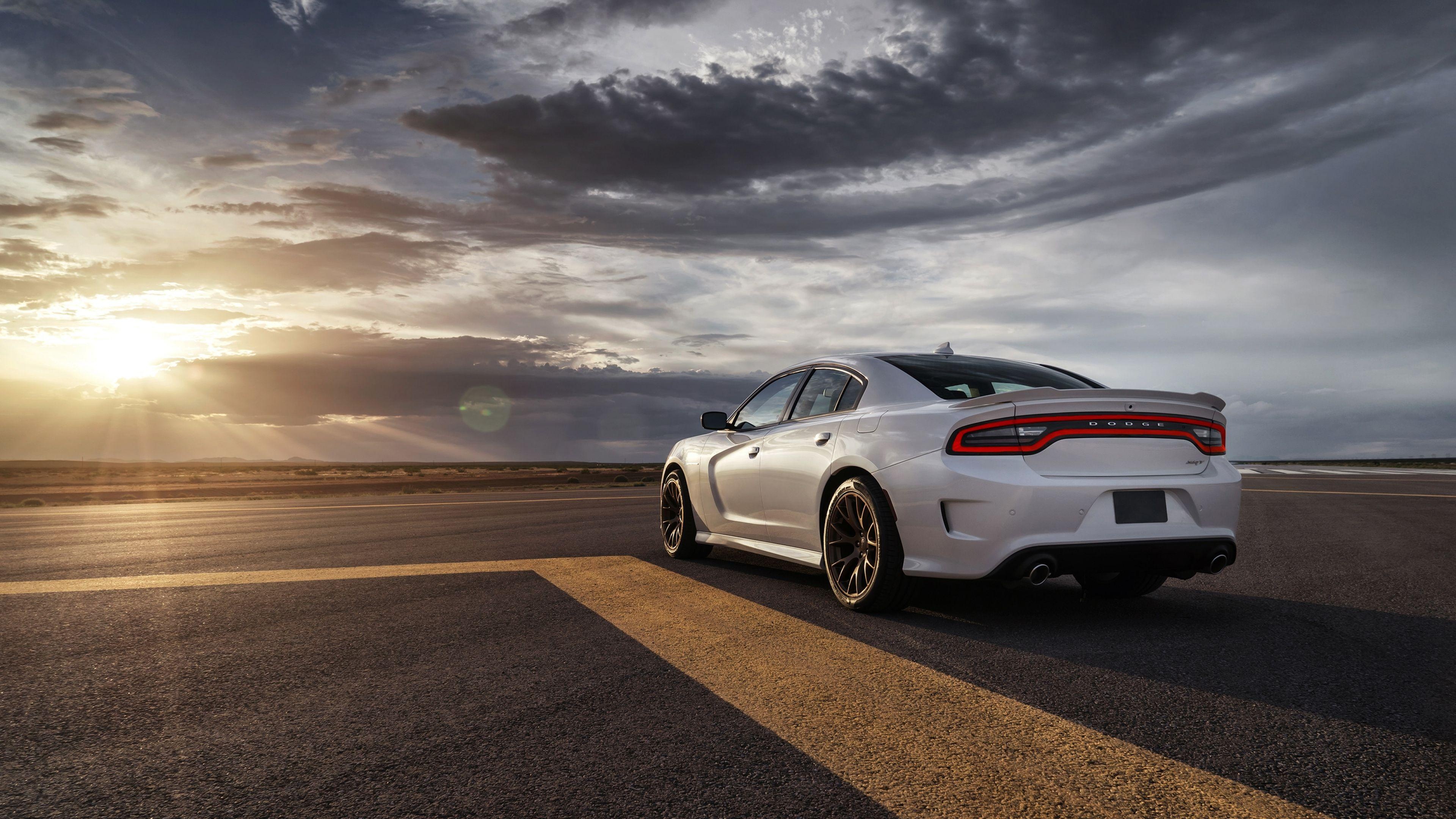 Dodge Charger SRT Hellcat, asphalt airstrip runway, dramatic sunset sky, 4K Desktop wallpaper