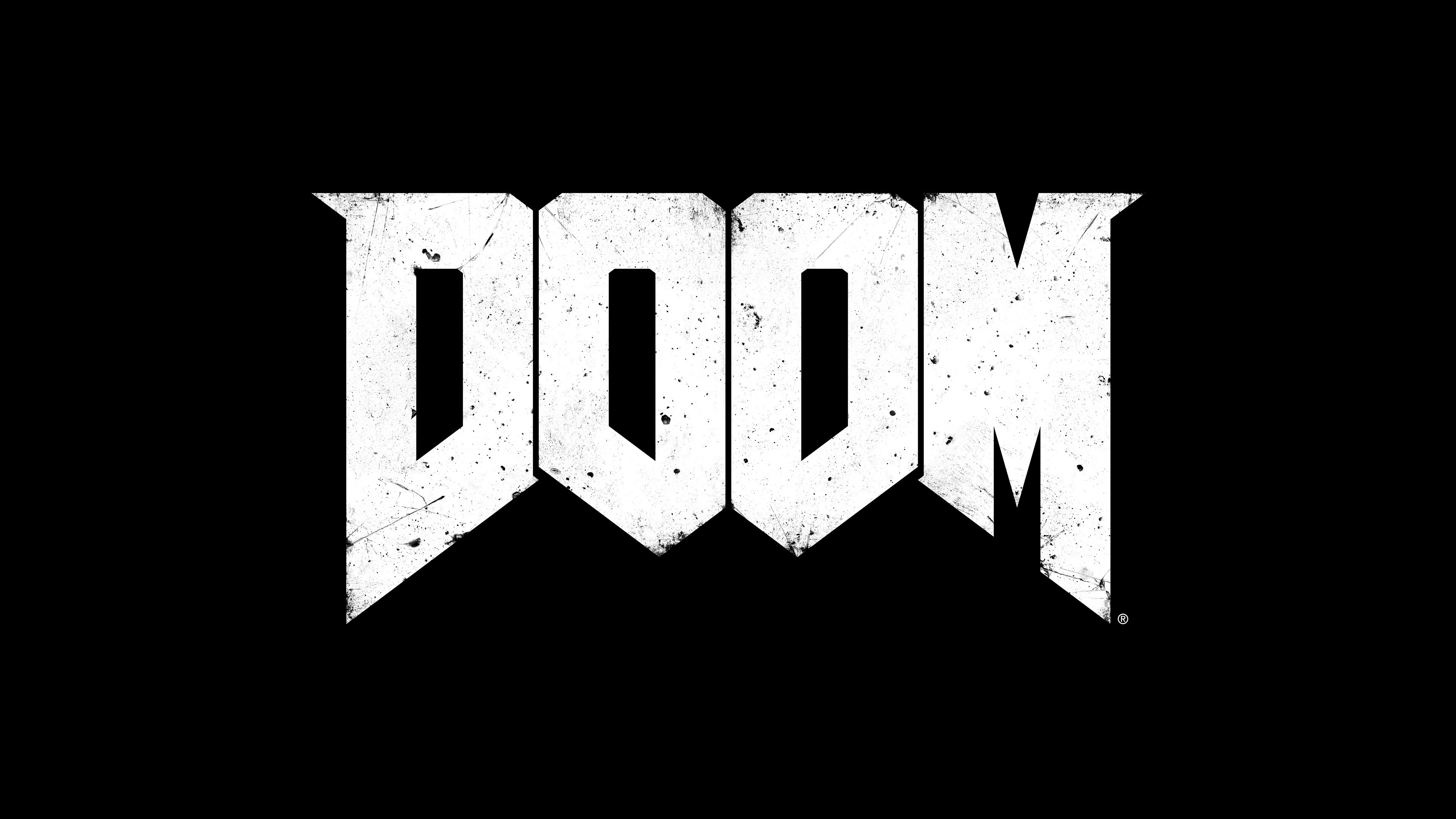 DOOM 2016 logo, distressed white lettering, solid black background, 4K Desktop wallpaper