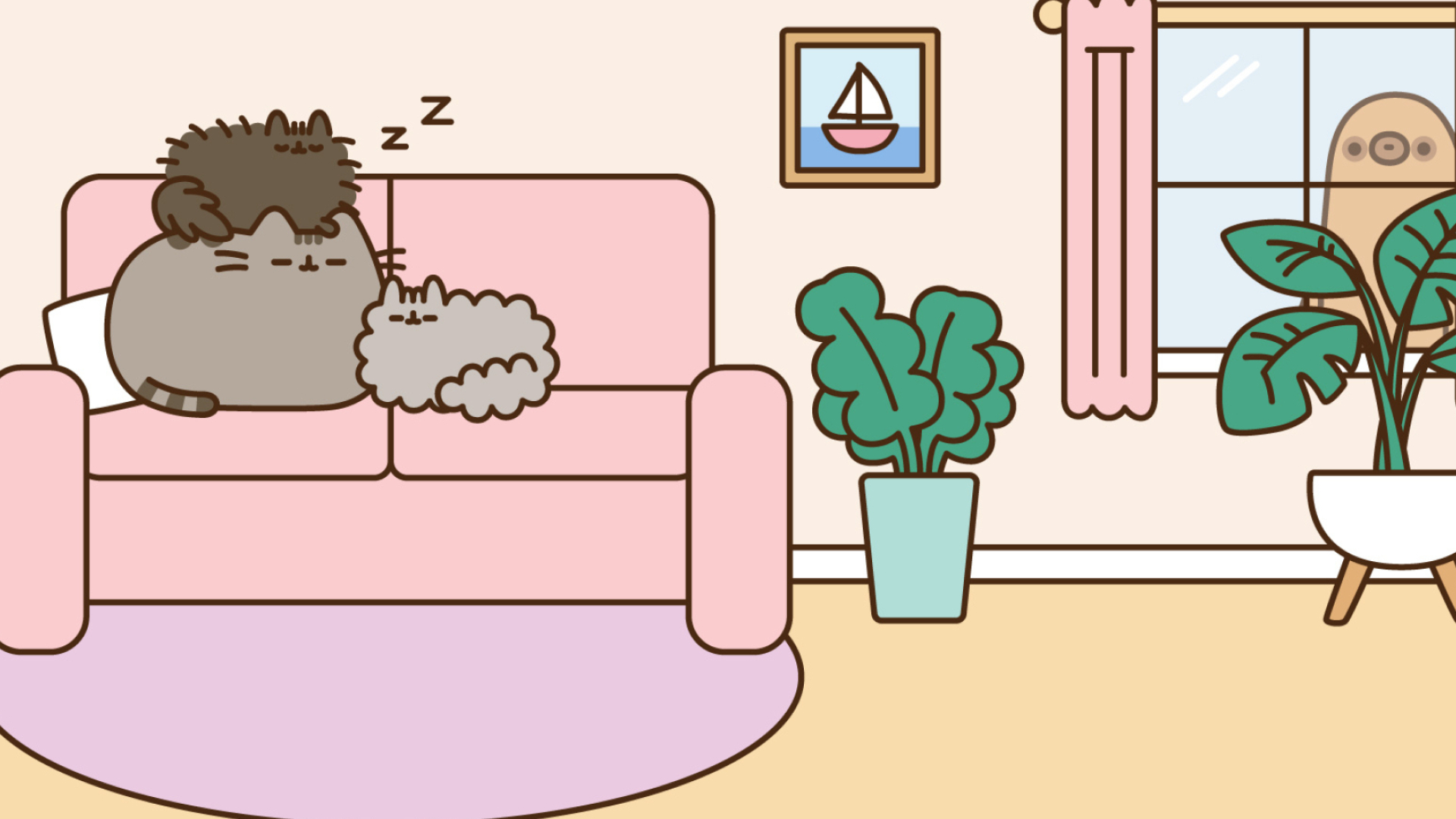 Pusheen the Cat, Stormy and Pip, Sloth peeking through window, Pink living room sofa, Full HD Desktop wallpaper