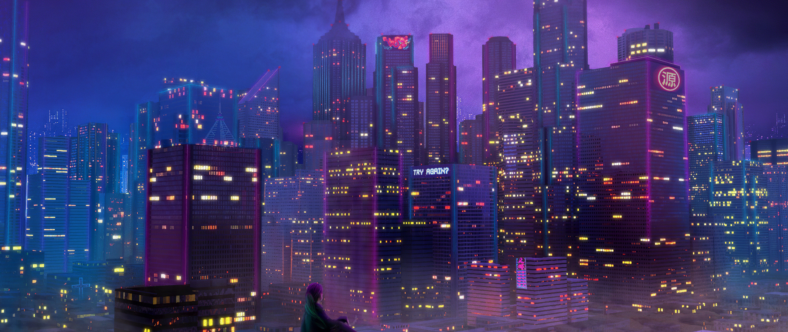 TRY AGAIN neon sign, cyberpunk anime city skyline, figure sitting on rooftop, Dual Screen Desktop wallpaper