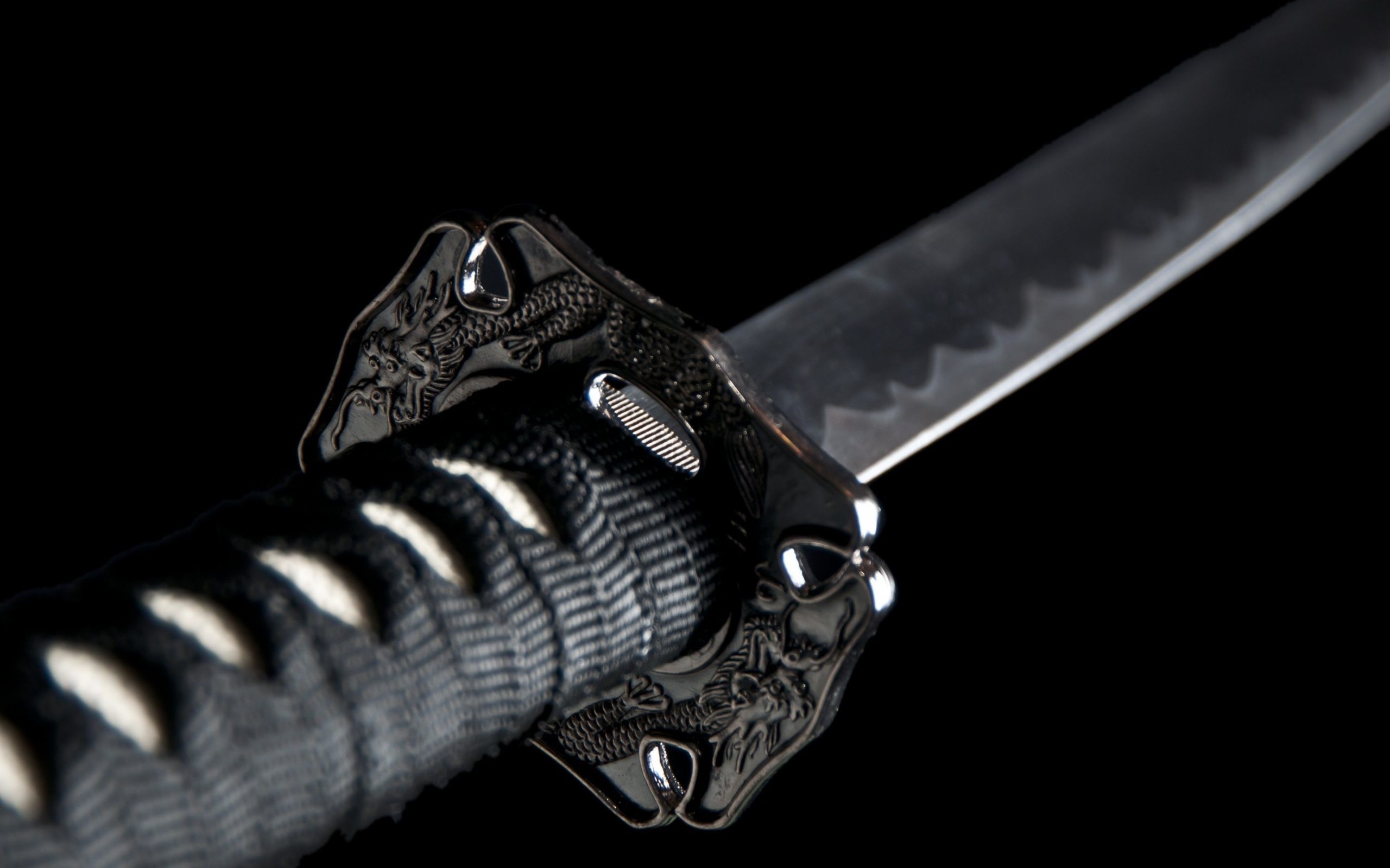 Dragon engraved katana tsuba, Cord wrapped tsuka handle, Polished katana steel blade, HD Desktop wallpaper