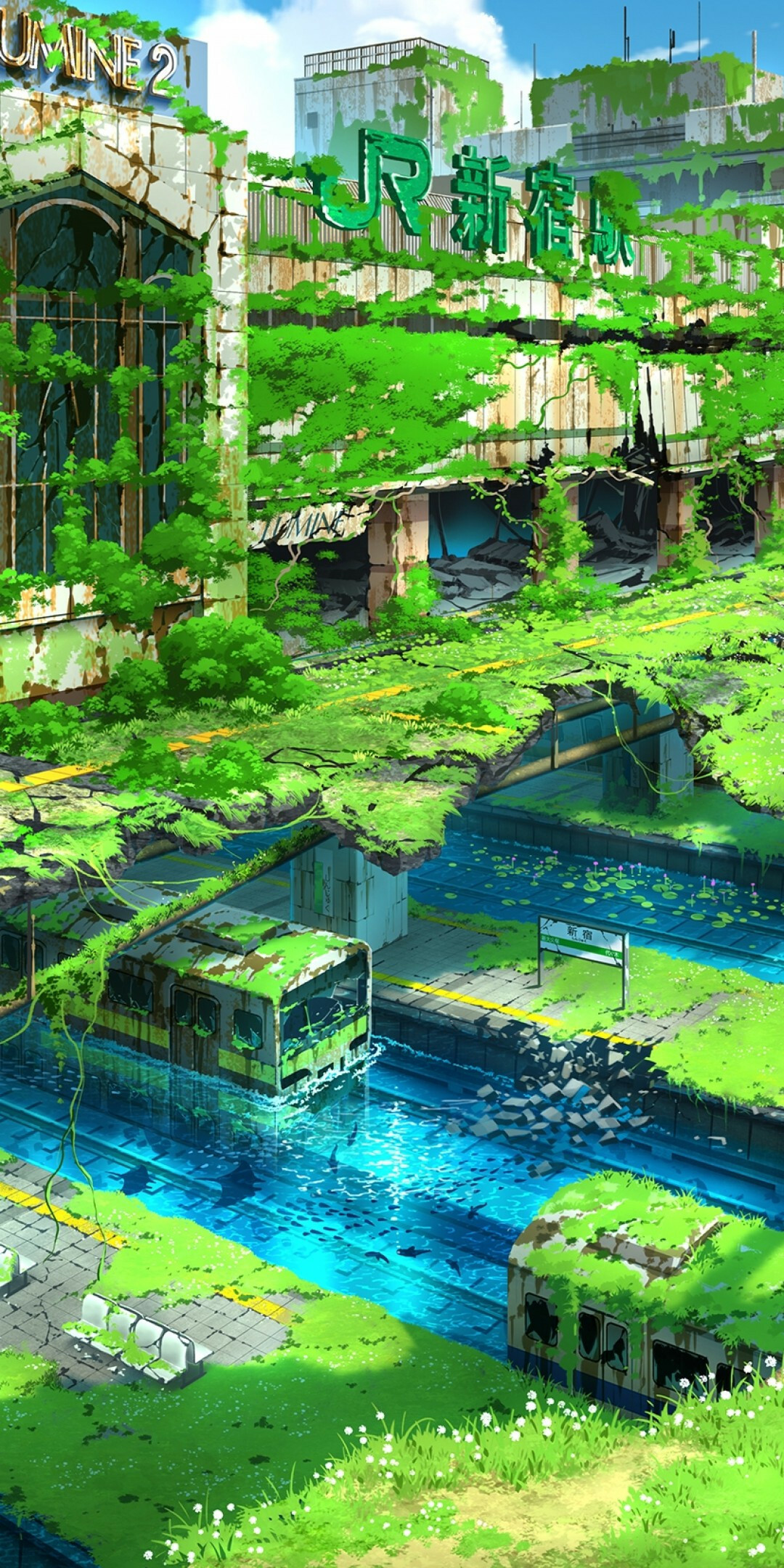 Anime apocalypse, Shinjuku station ruins, Green post-apocalyptic, 1080x2160 HD Phone