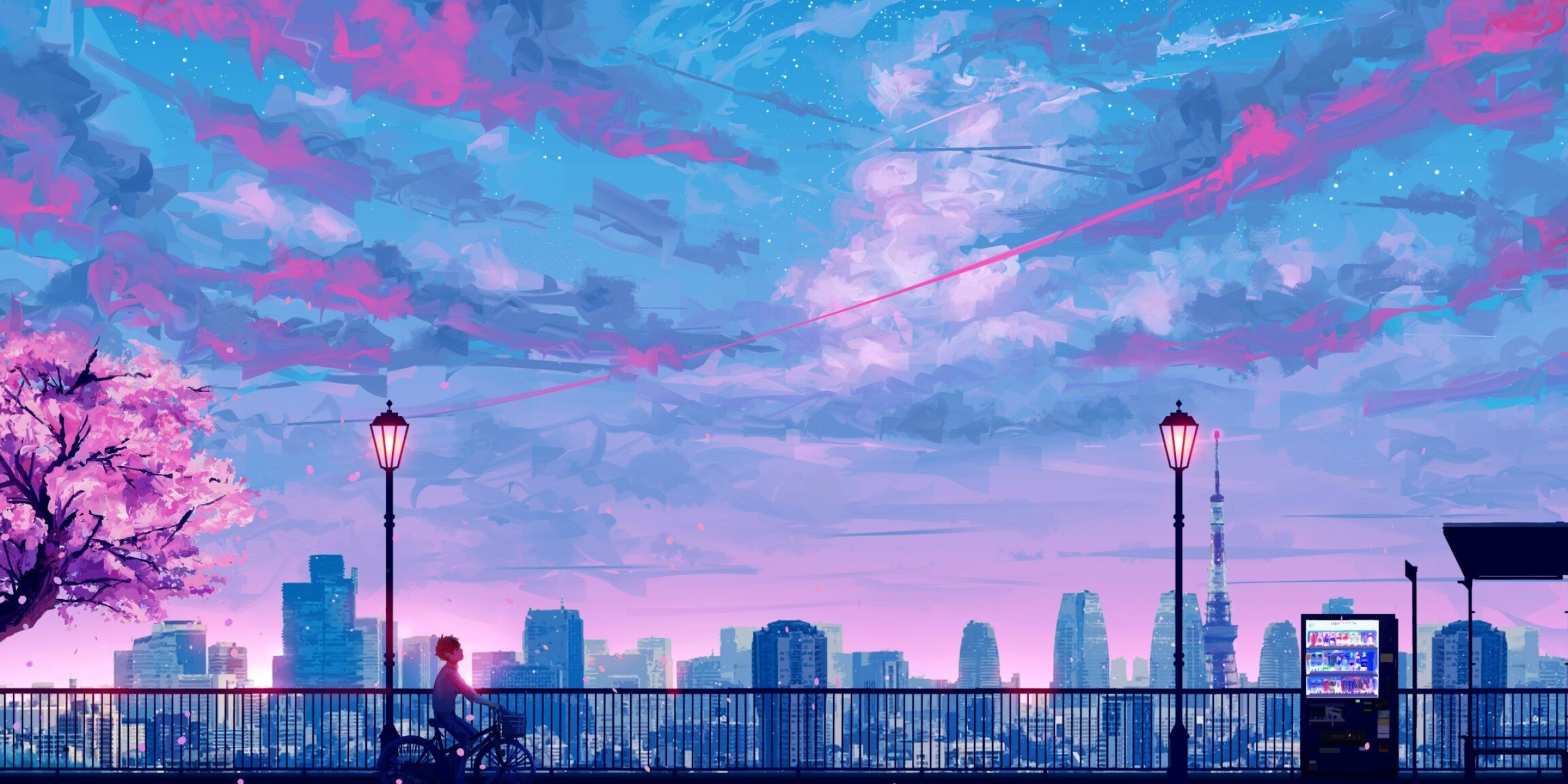 Tokyo Tower skyline, boy riding bicycle, blooming sakura tree, HD Desktop wallpaper