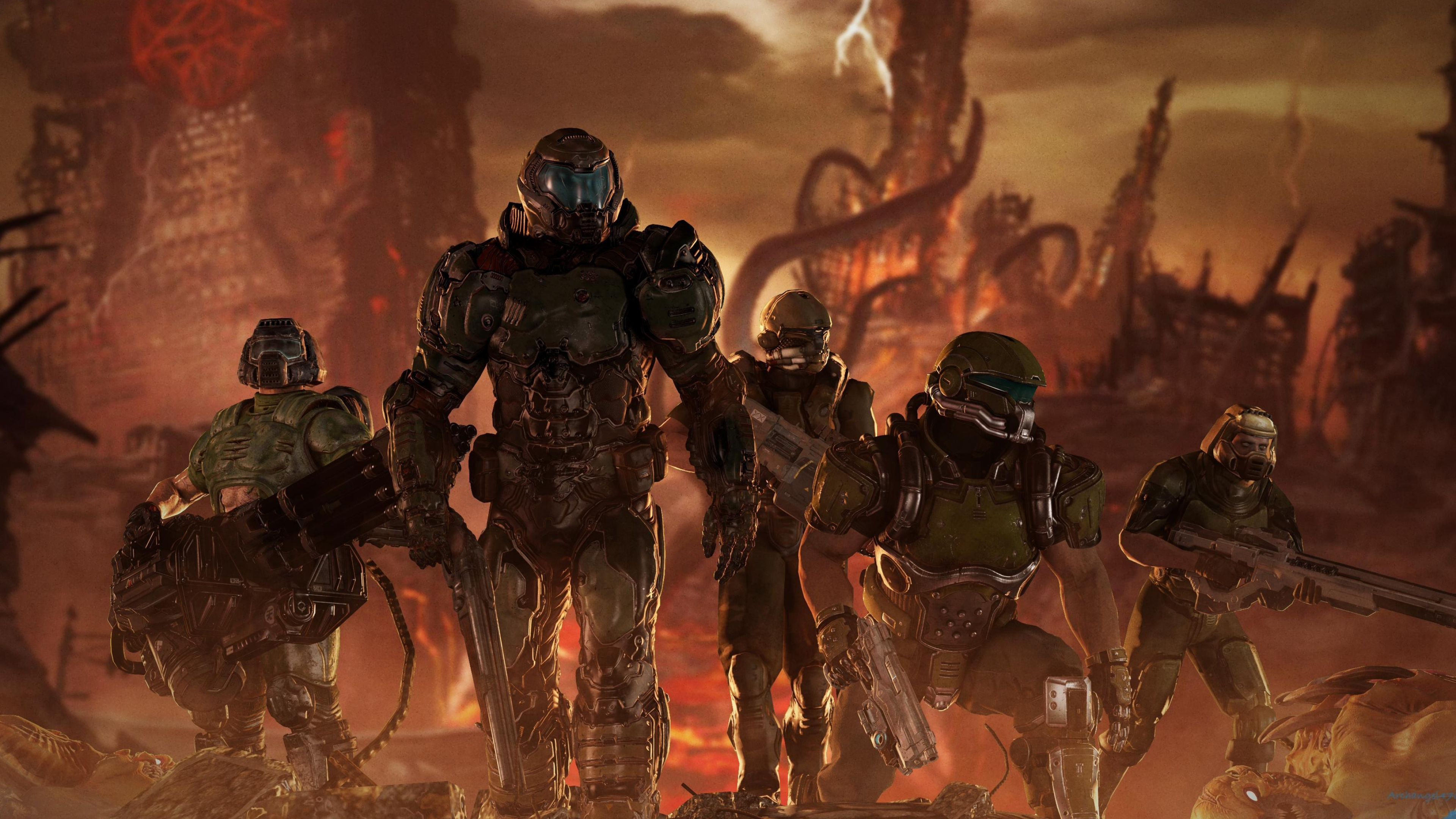 Doom Slayer, Classic Doom Marine, DOOM Eternal, Fiery Hell landscape, 4K Desktop wallpaper