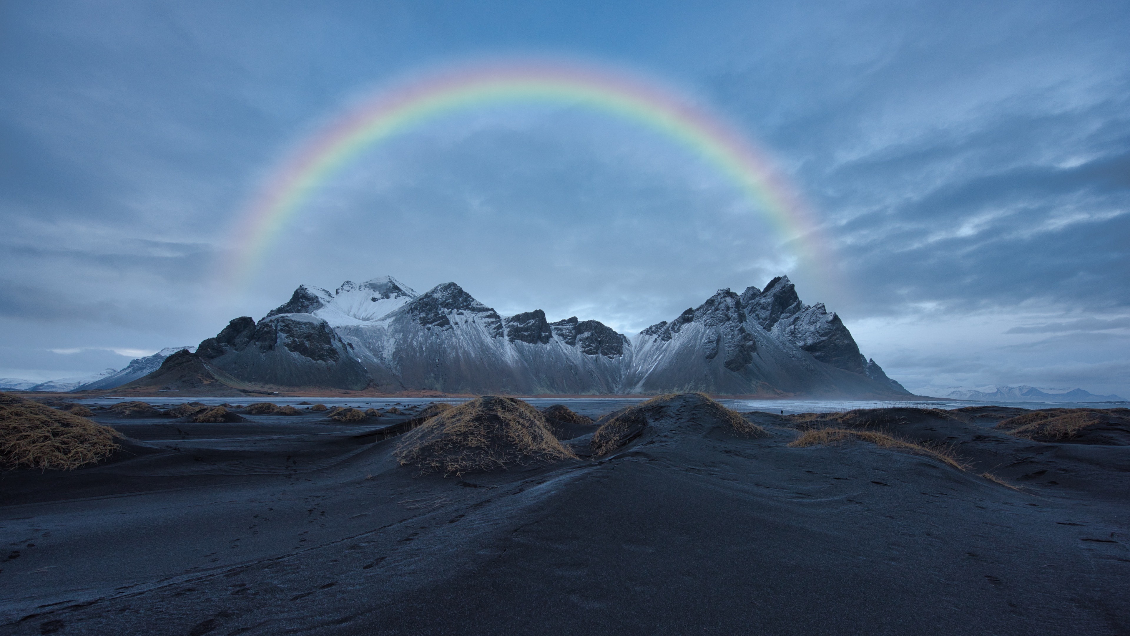 Vestrahorn mountain, Stokksnes black sand dunes, Arching sky rainbow, 4K Desktop wallpaper