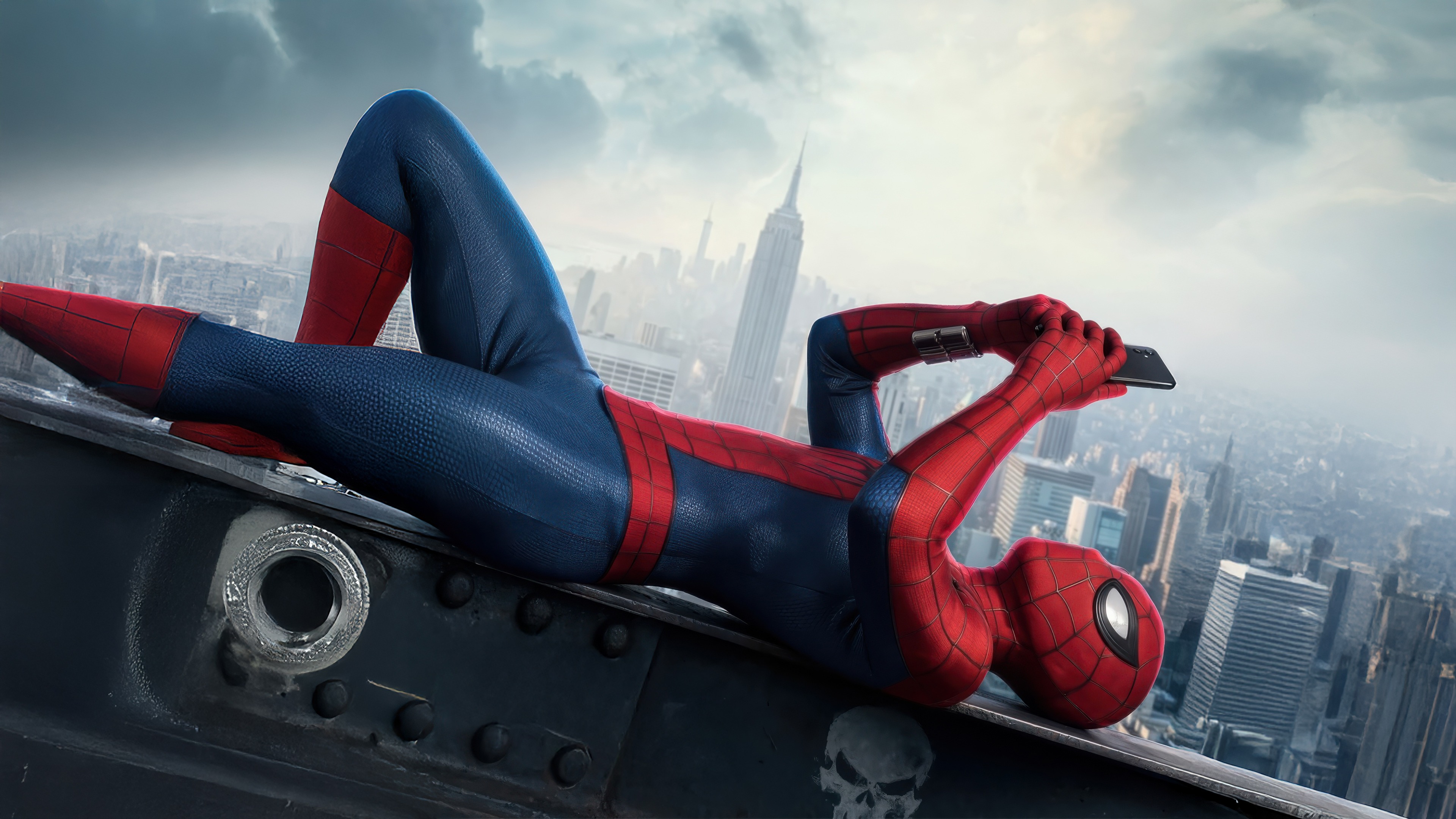 Homecoming, The Punisher, Reclining on steel beam, Holding phone overhead, Overcast city skyline, Empire State Building, New York City, 4K Desktop wallpaper
