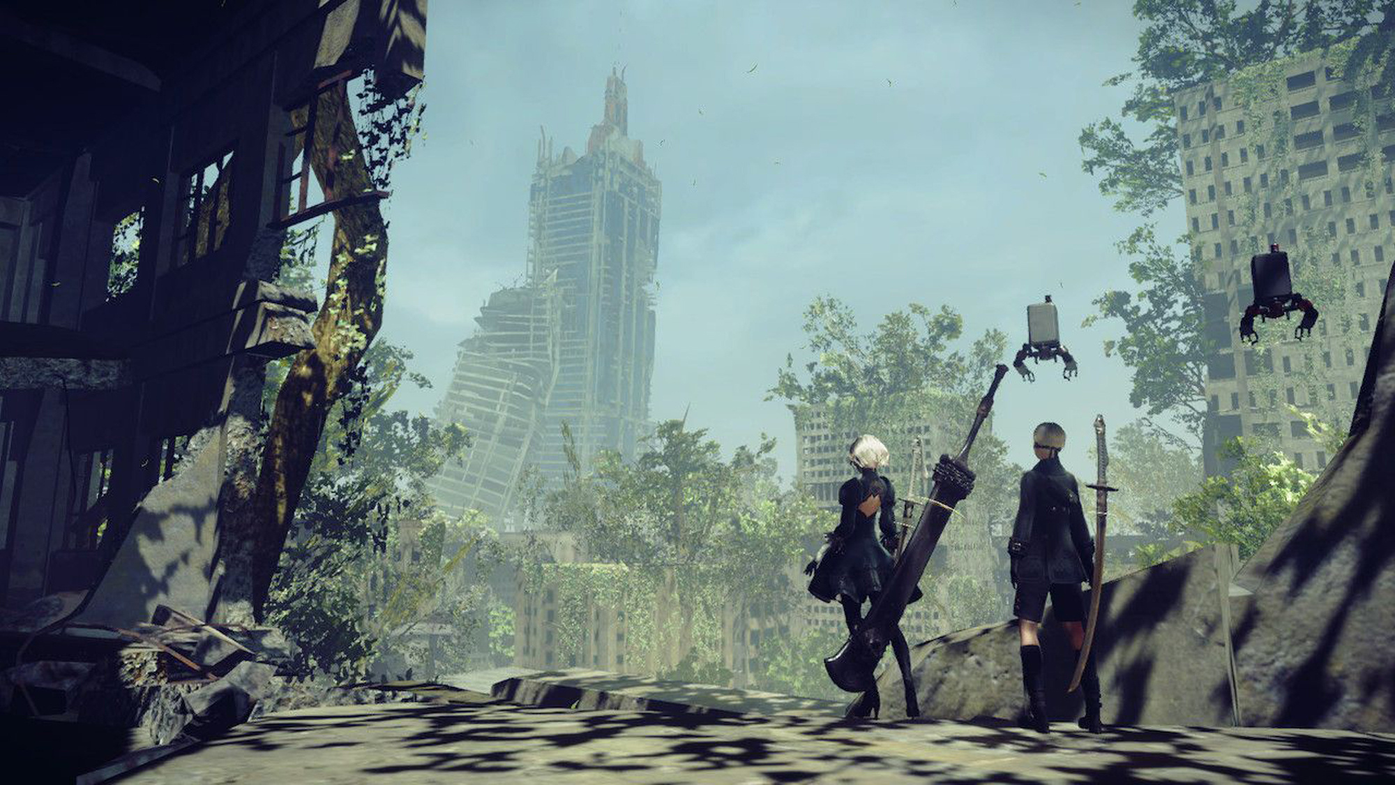 NieR: Automata, 2B and 9S, City Ruins landscape, Tactical Support Pods, HD Desktop wallpaper