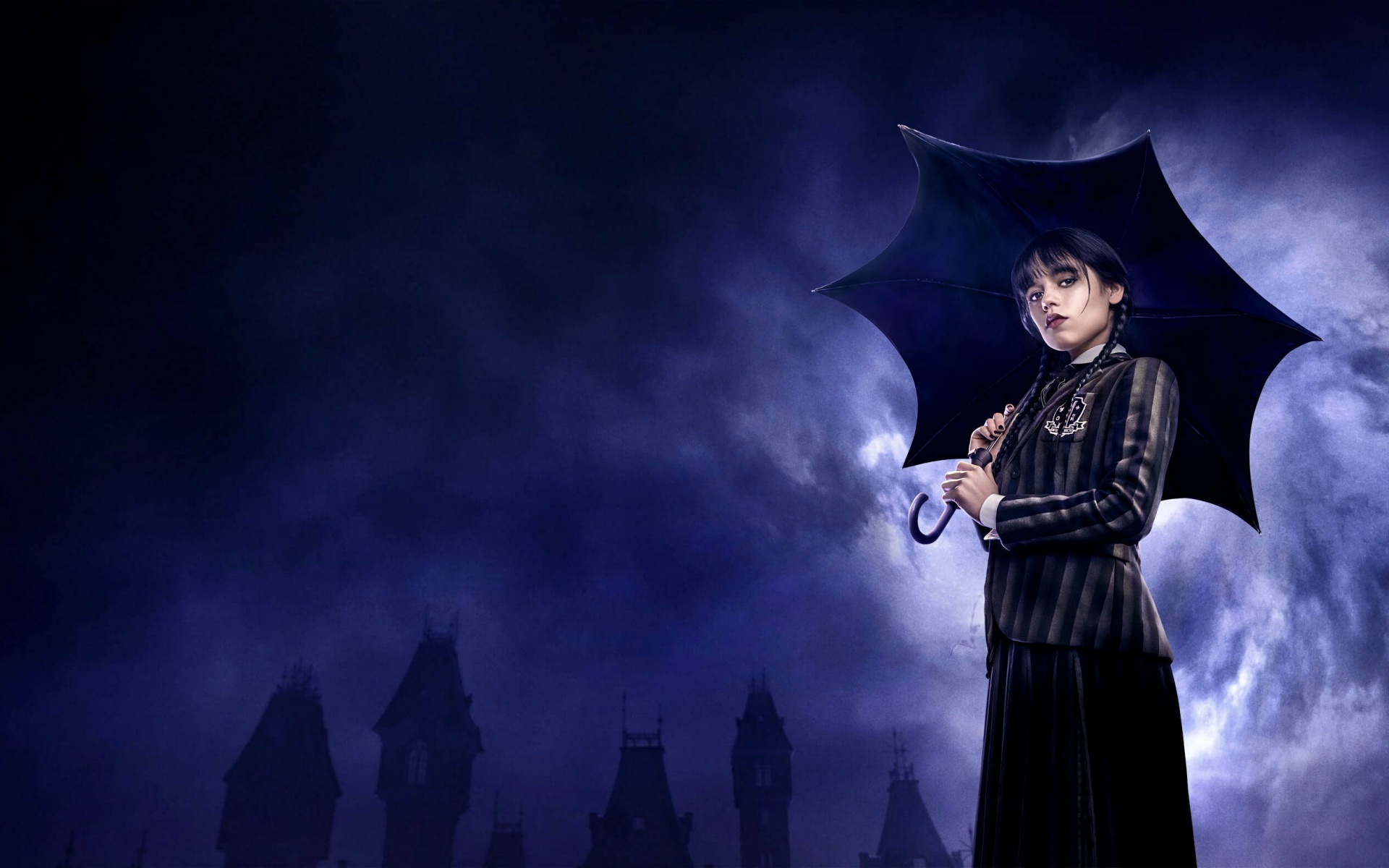 Wednesday Addams, Nevermore Academy uniform, black umbrella, HD Desktop wallpaper