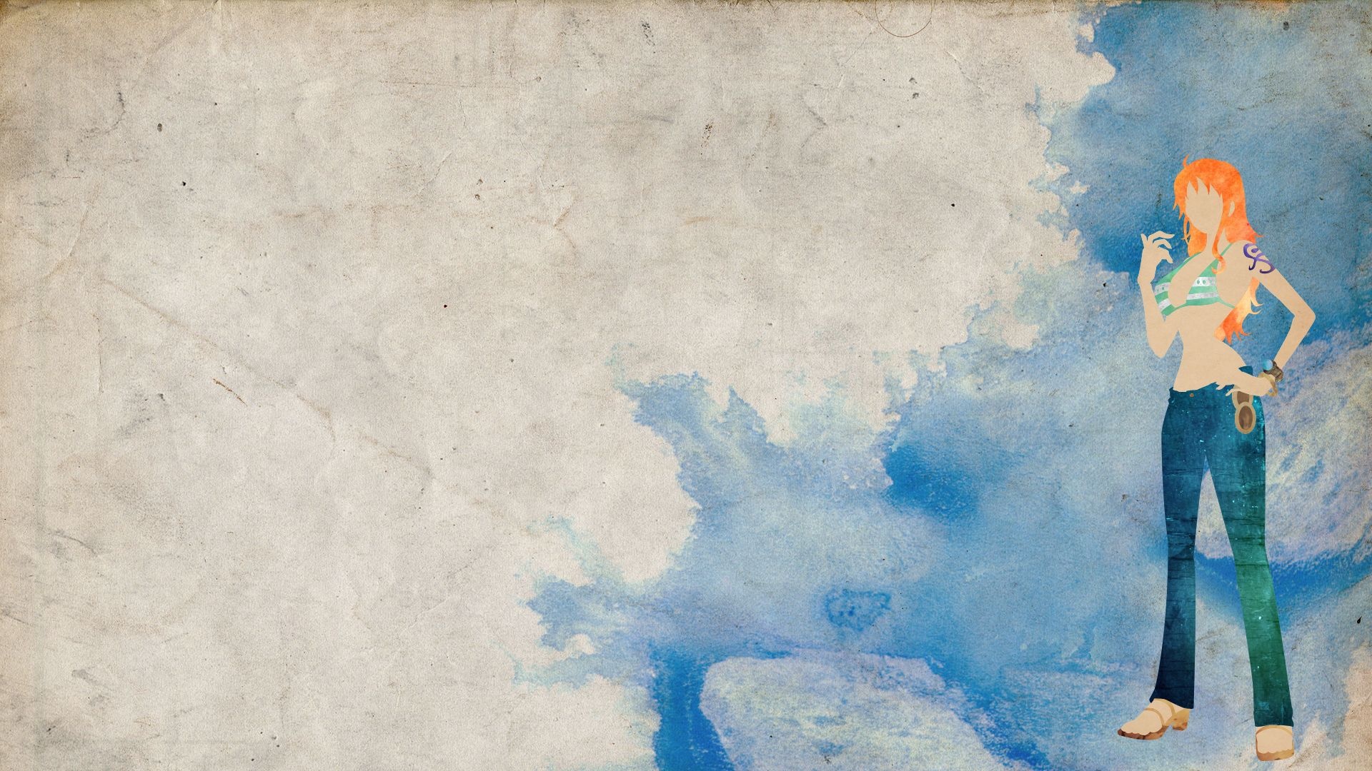 Nami, blue watercolor splash, textured parchment paper, Full HD Desktop wallpaper