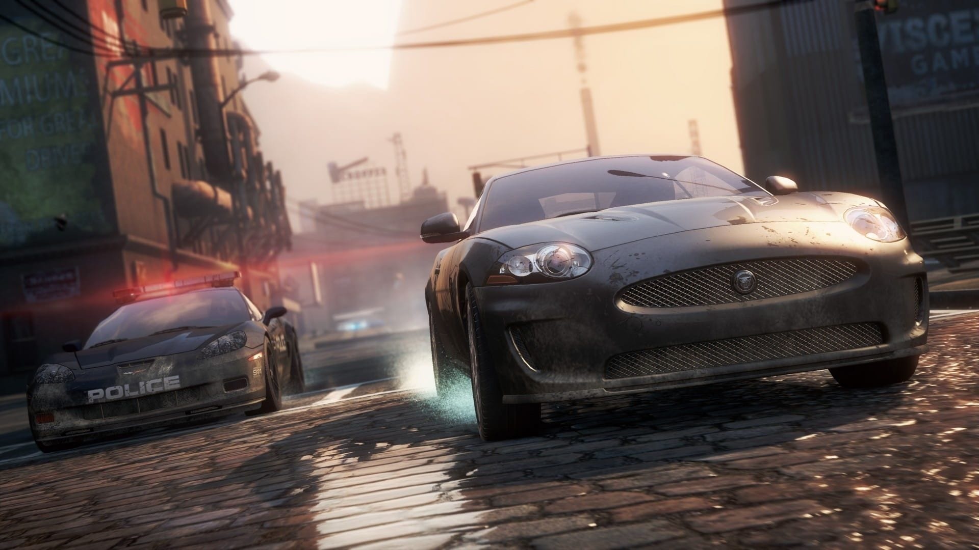 Jaguar XKR, Chevrolet Corvette police cruiser, wet cobblestone street, Full HD Desktop wallpaper
