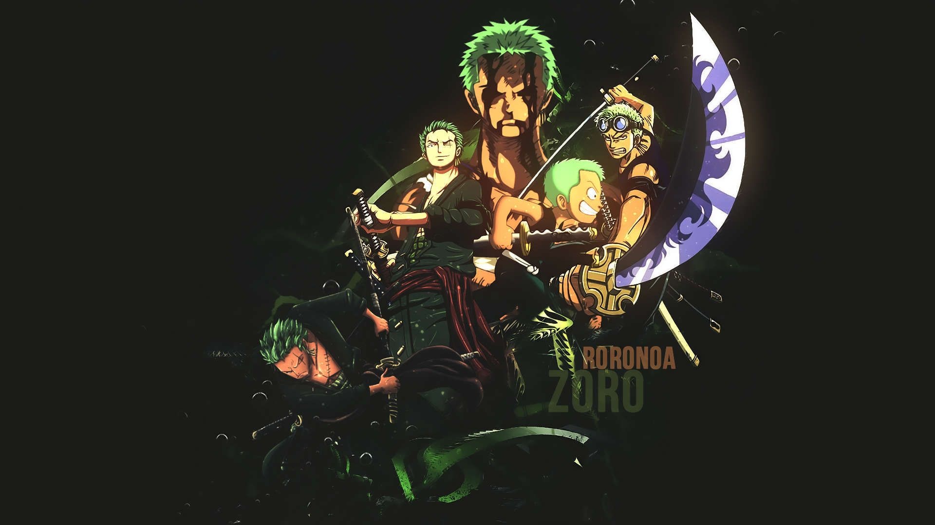 Roronoa Zoro, RORONOA ZORO text, One Piece anime collage, katana swords, Full HD Desktop wallpaper