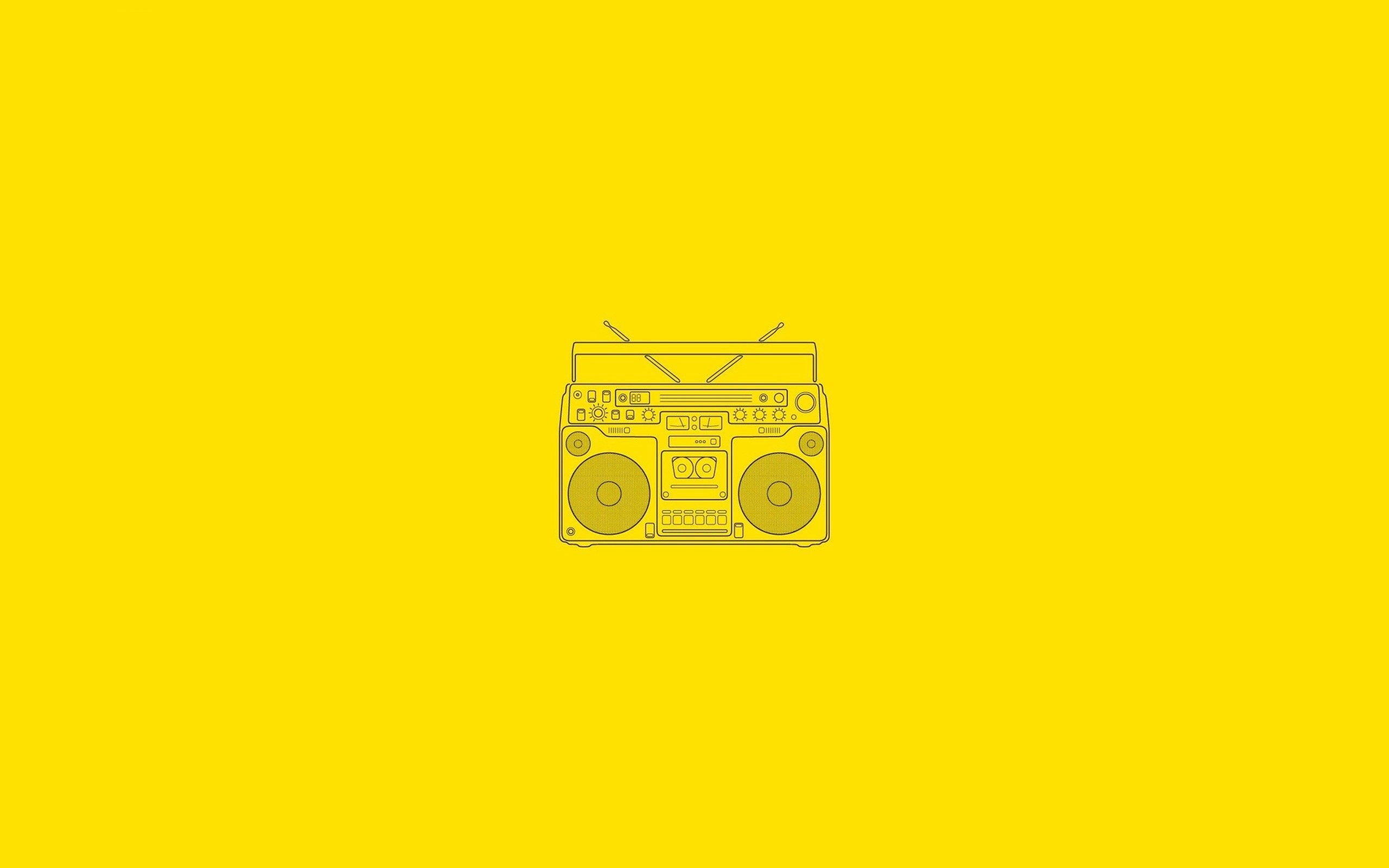 Vintage boombox line art, Cassette deck player illustration, Solid yellow backdrop, HD Desktop wallpaper