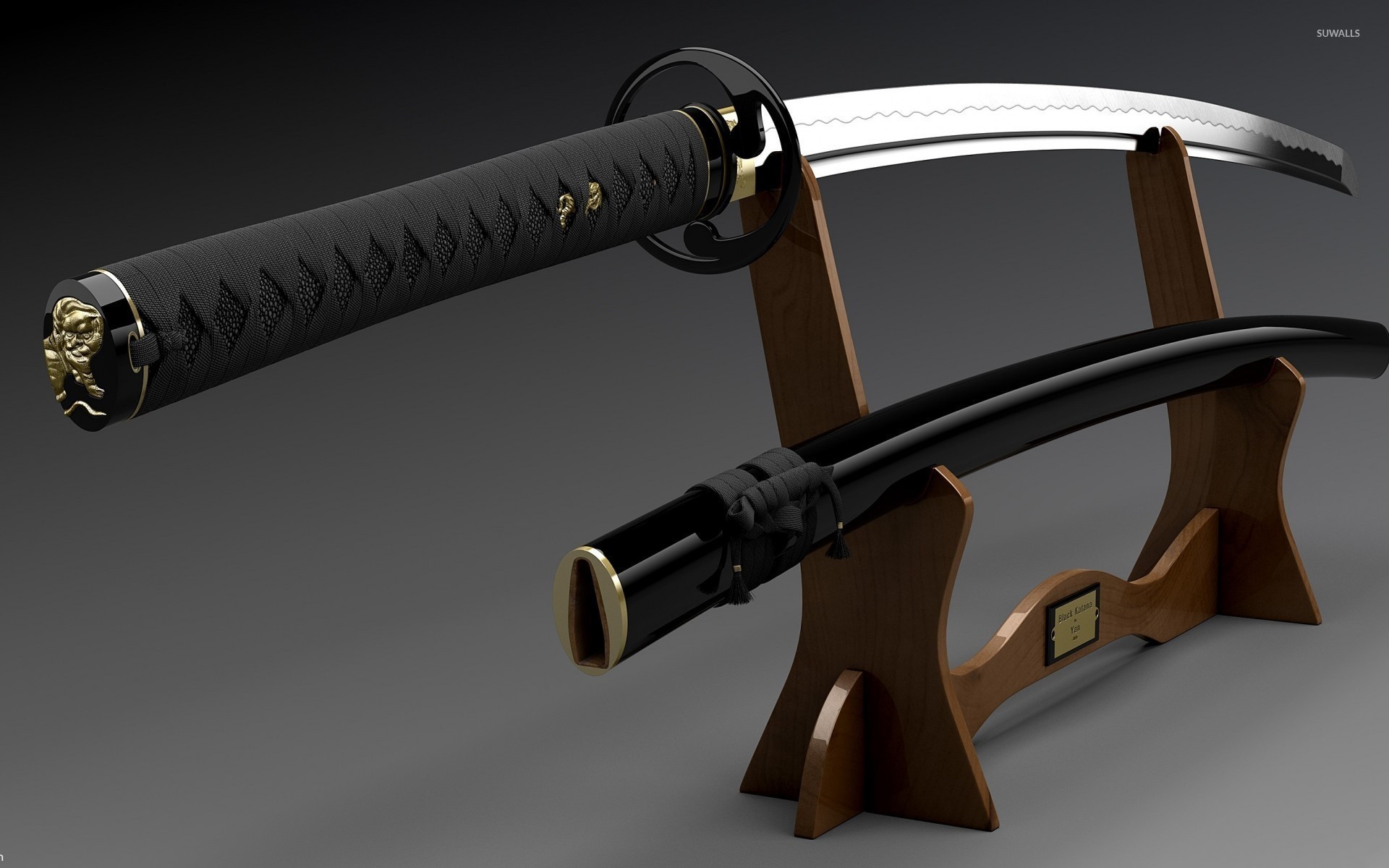 Black katana sword, Black lacquer saya scabbard, Wooden katanakake sword stand, HD Desktop wallpaper