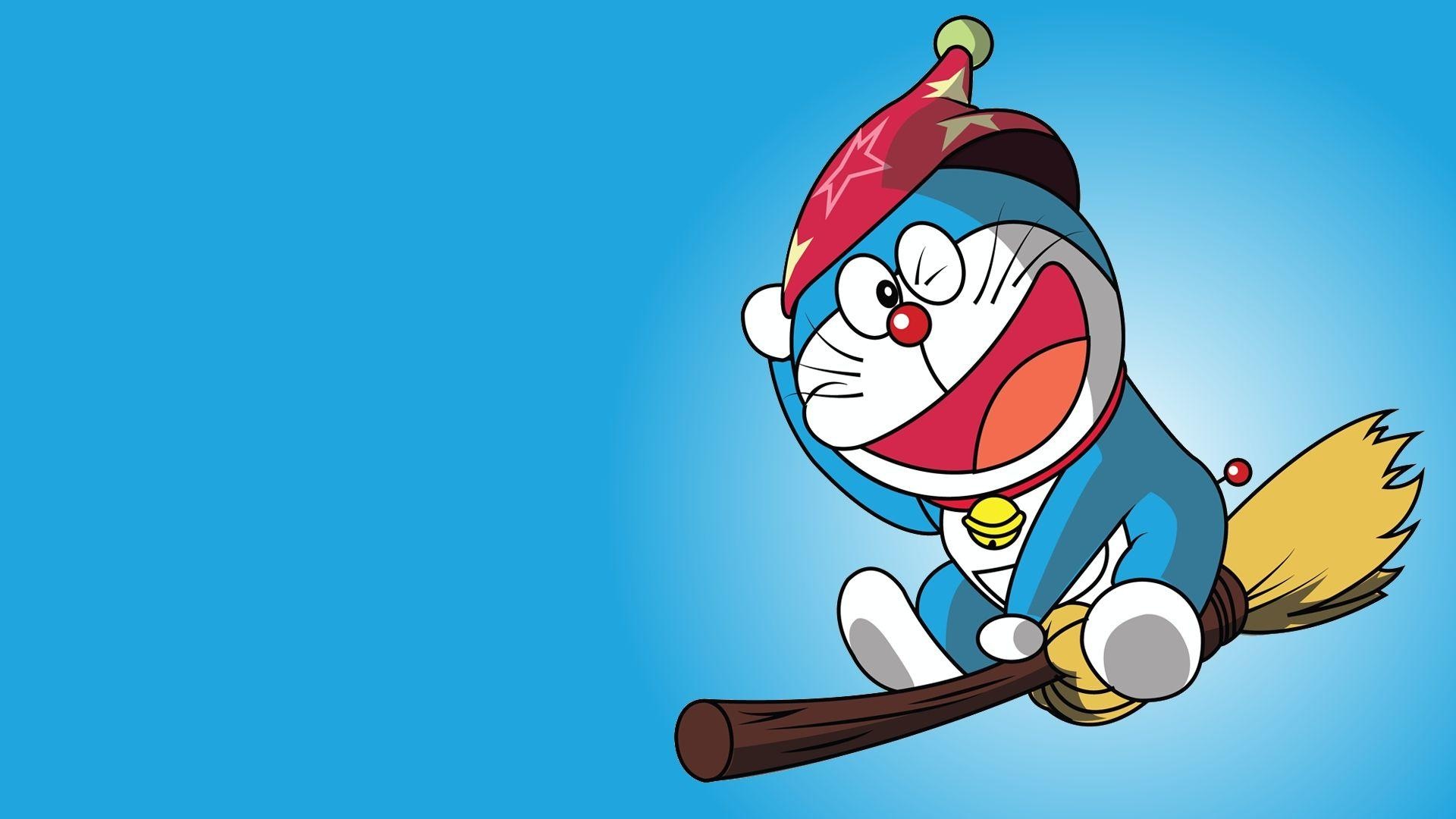 Doraemon, flying broomstick, wizard hat, Full HD Desktop wallpaper