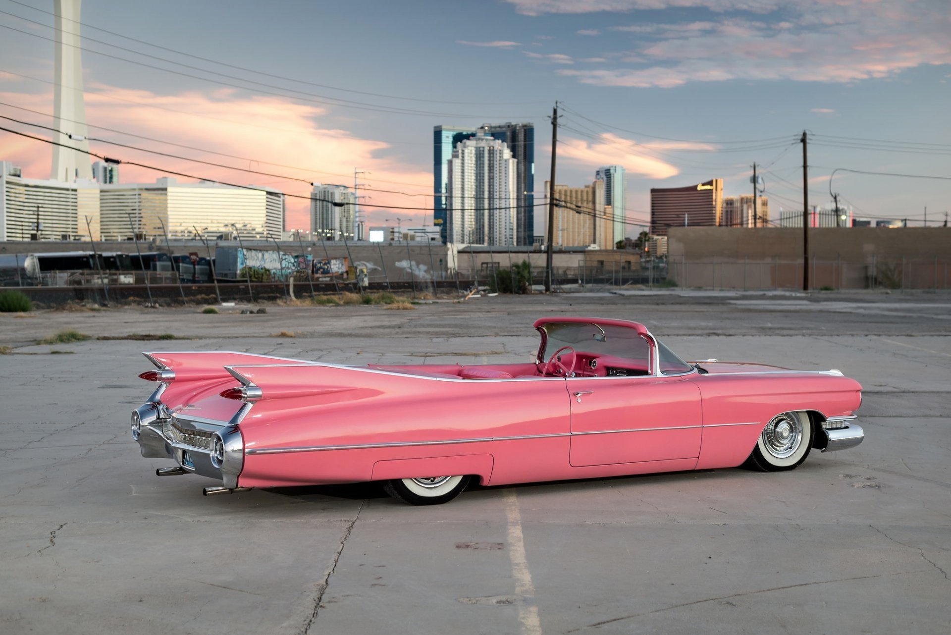 1959 Cadillac convertible, Las Vegas skyline, Stratosphere Tower, HD Desktop wallpaper