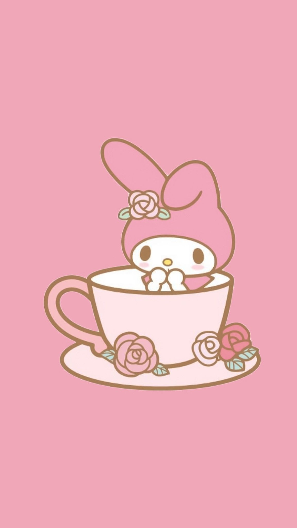 My Melody, pink teacup, pink roses, HD Phone wallpaper