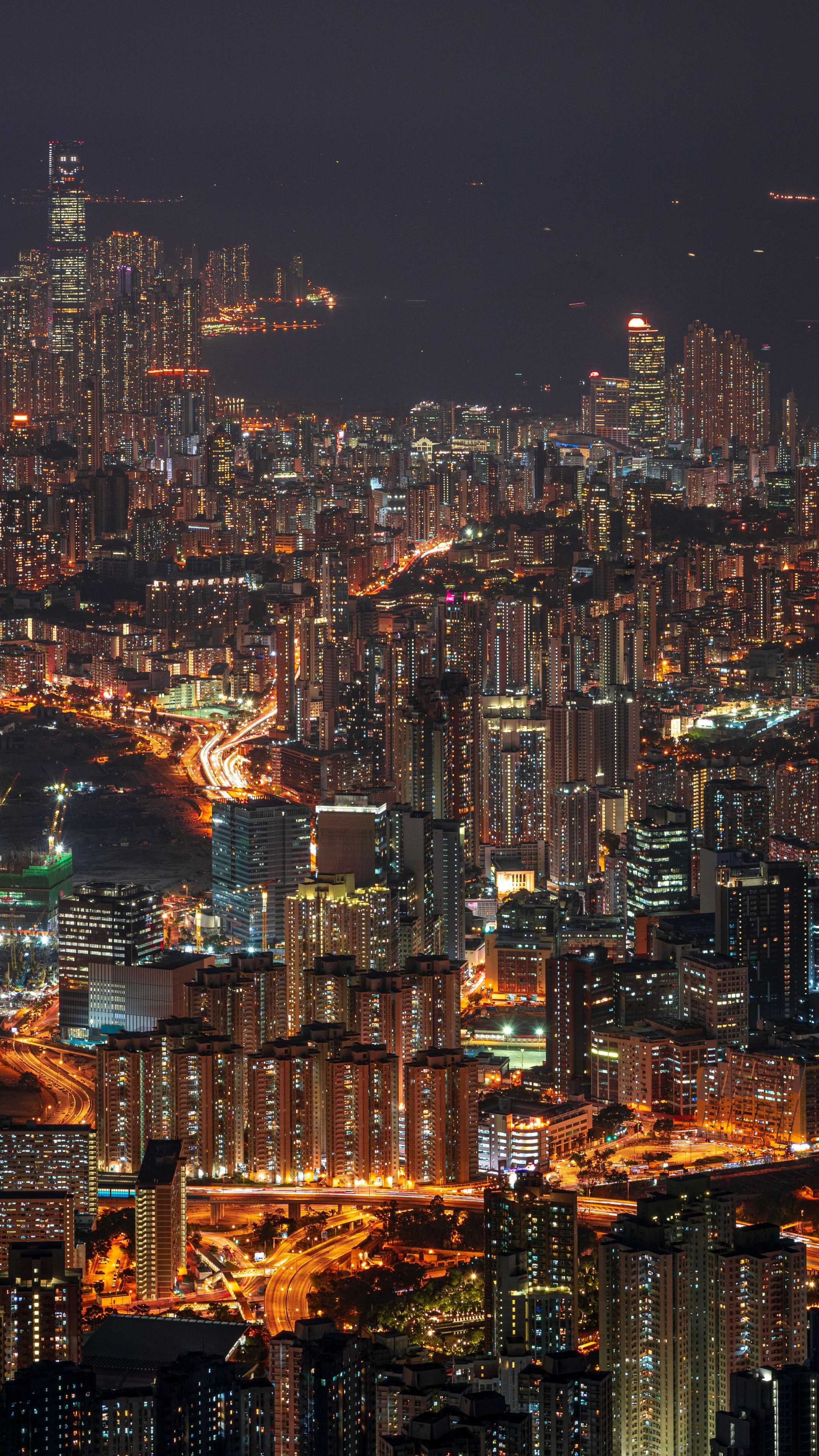 International Commerce Centre, Kowloon Hong Kong skyline, illuminated highway light trails, 4K Phone wallpaper