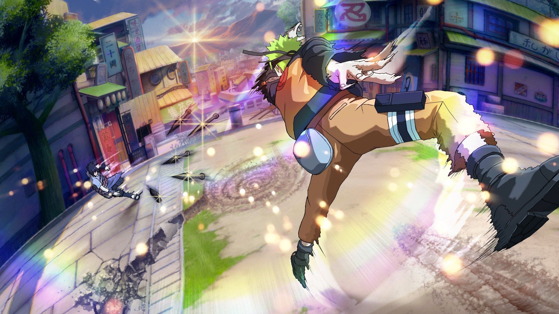 Naruto Uzumaki, Sasuke Uchiha, Konohagakure village street, Full HD Desktop wallpaper
