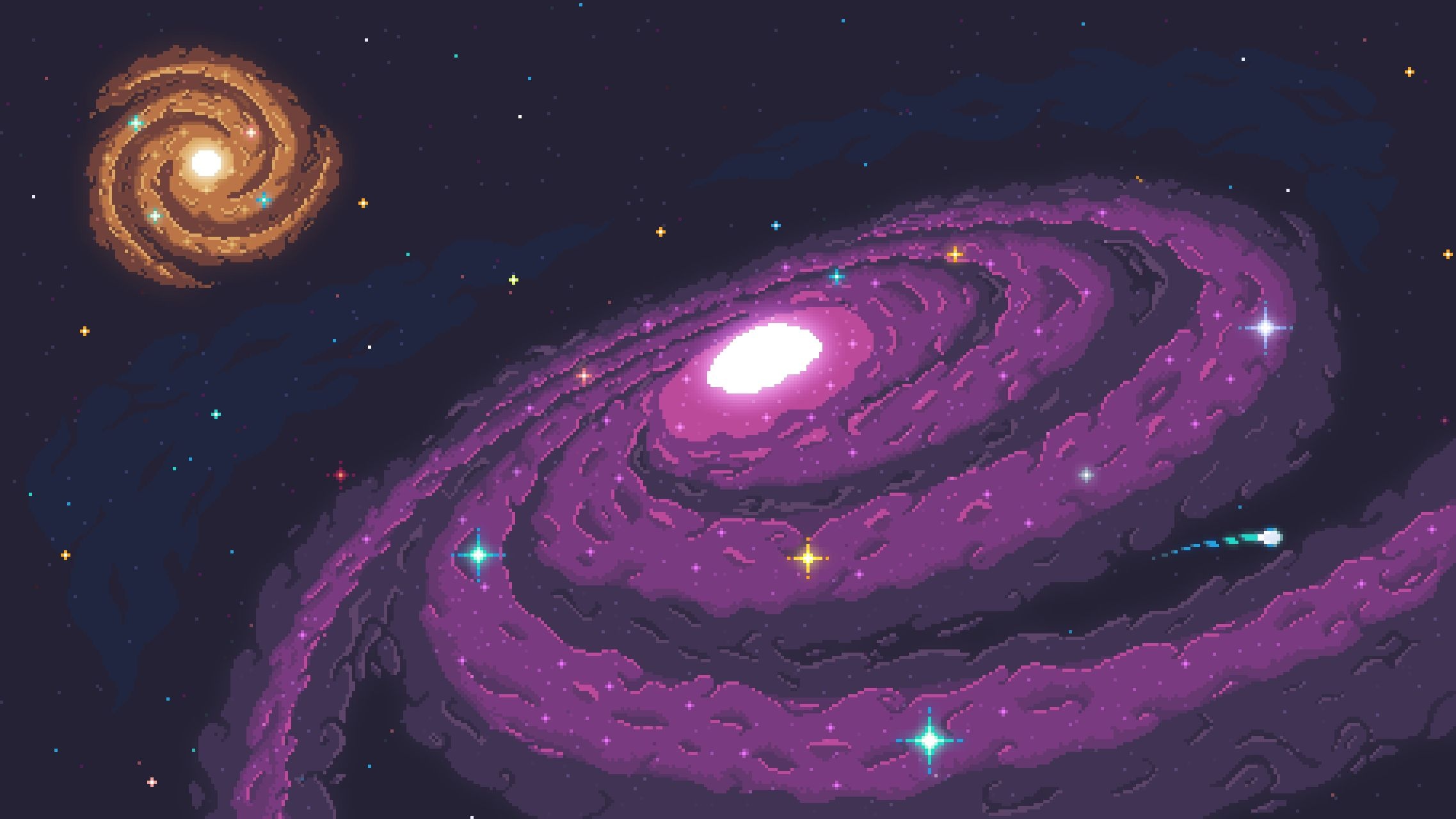purple spiral galaxy, orange spiral galaxy, pixel art shooting star, HD Desktop wallpaper