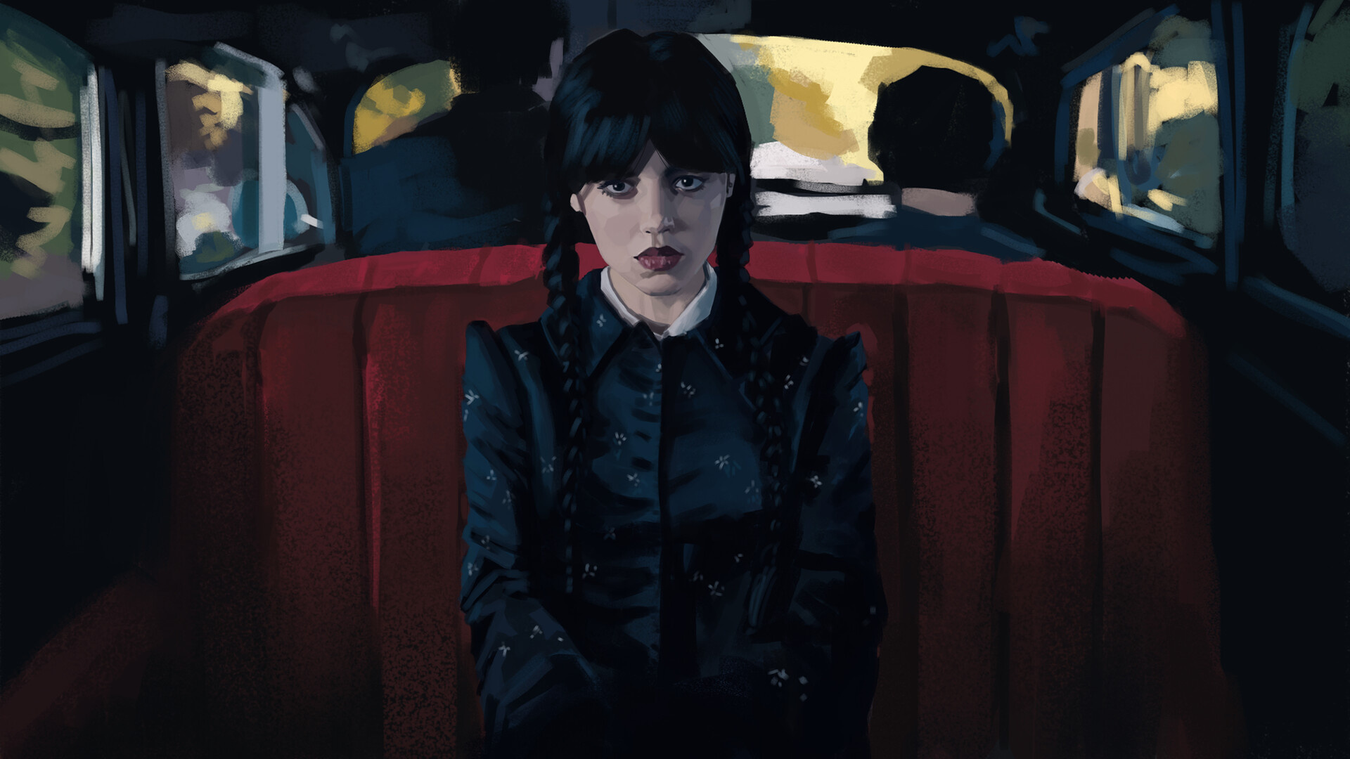Wednesday Addams, Jenna Ortega, red car backseat, Full HD Desktop wallpaper