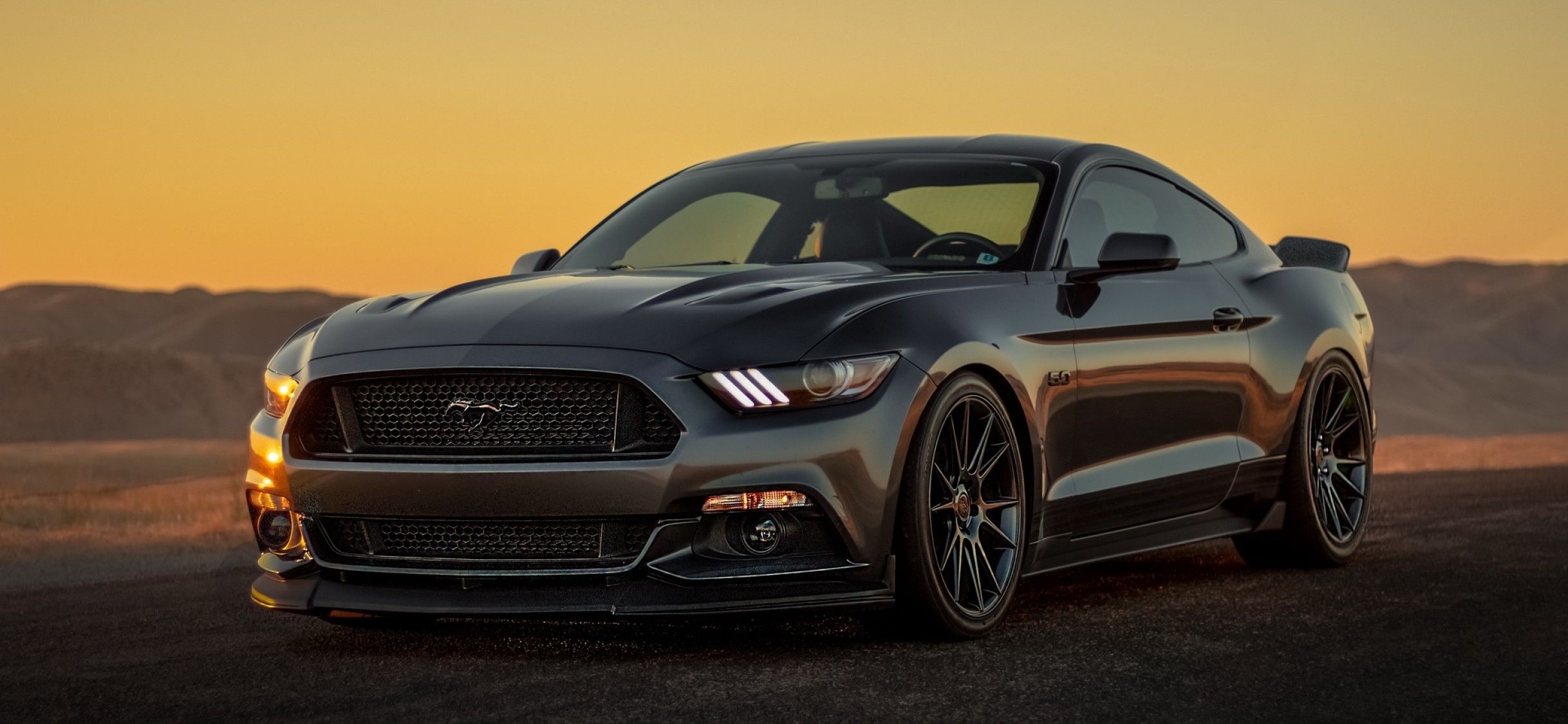 Ford Mustang GT, Golden hour sunset sky, Aftermarket alloy wheels, Dual Screen Desktop wallpaper