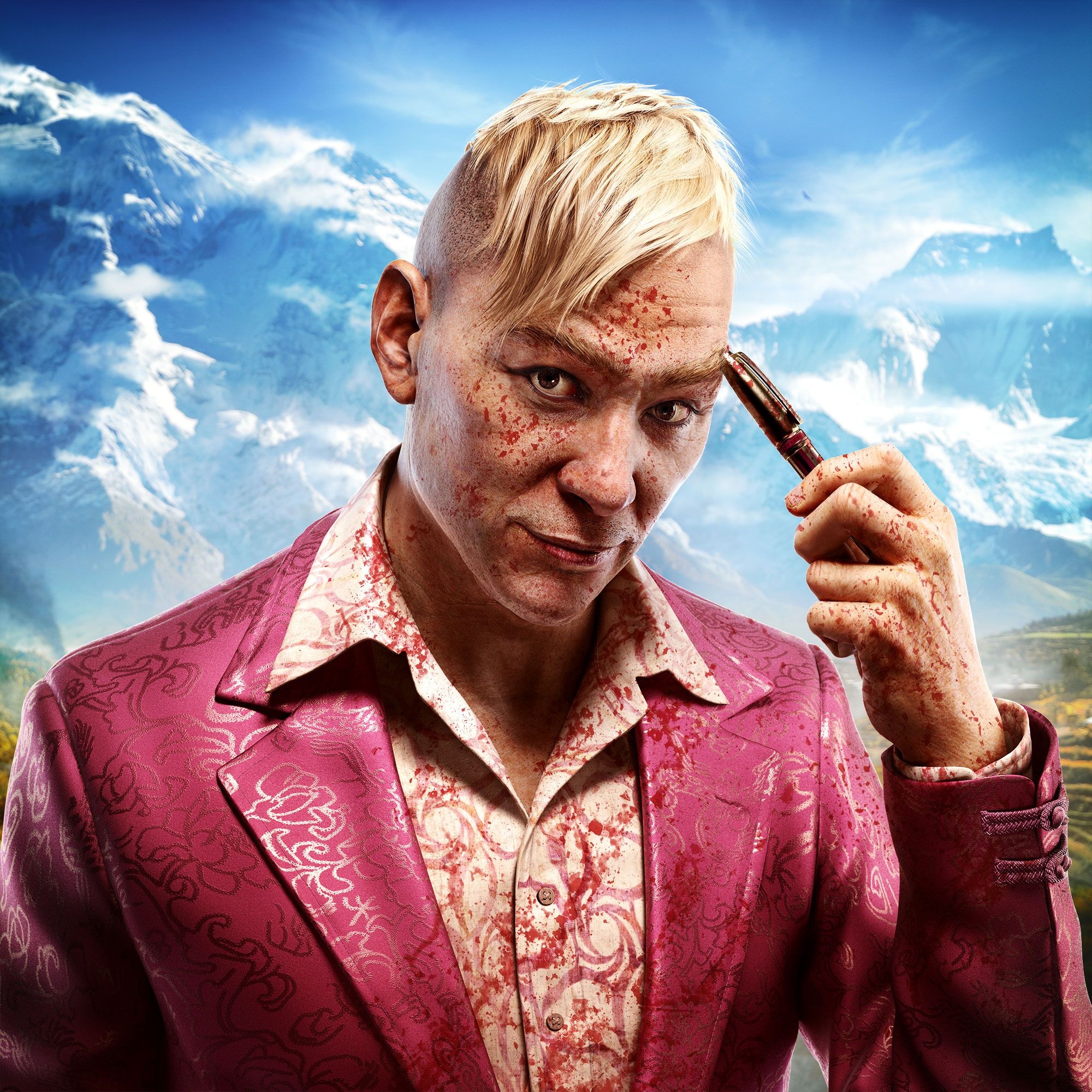 Pagan Min, Blood-splattered pink suit, Kyrat mountain landscape, HD Phone wallpaper