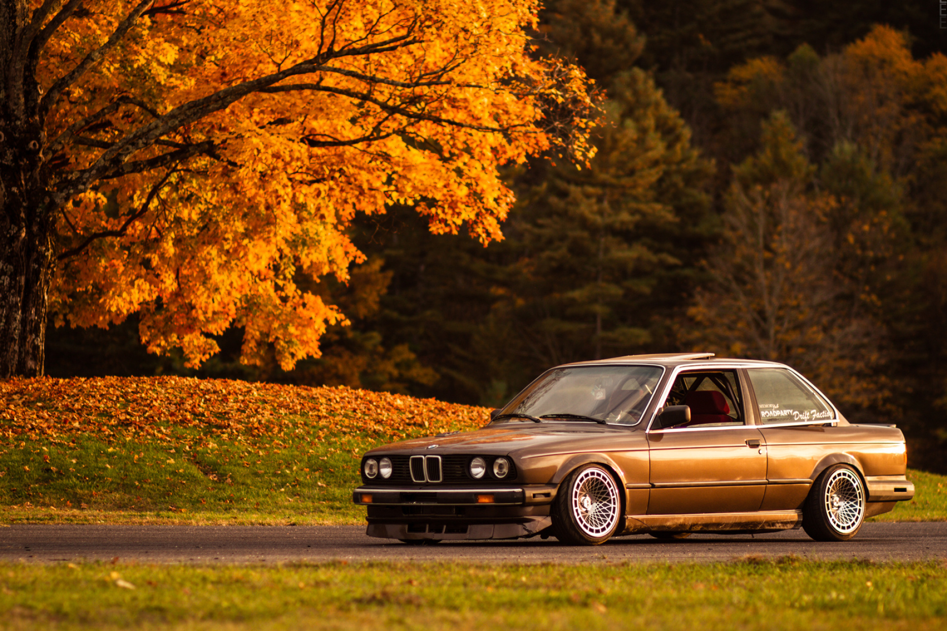 BMW E30 coupe, golden autumn foliage tree, aftermarket mesh wheels, HD Desktop wallpaper