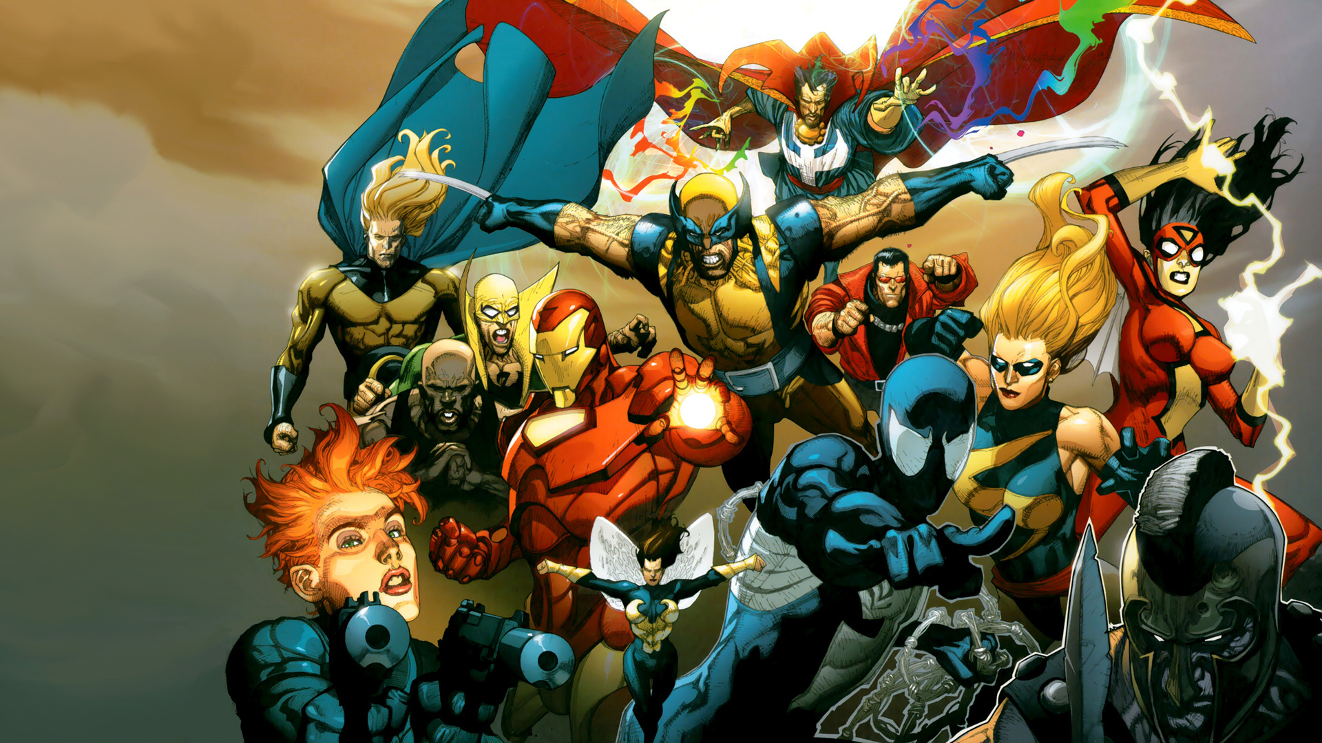 Wolverine, Iron Man, Black Suit Spider-Man, Ms. Marvel, Sentry, Full HD Desktop wallpaper