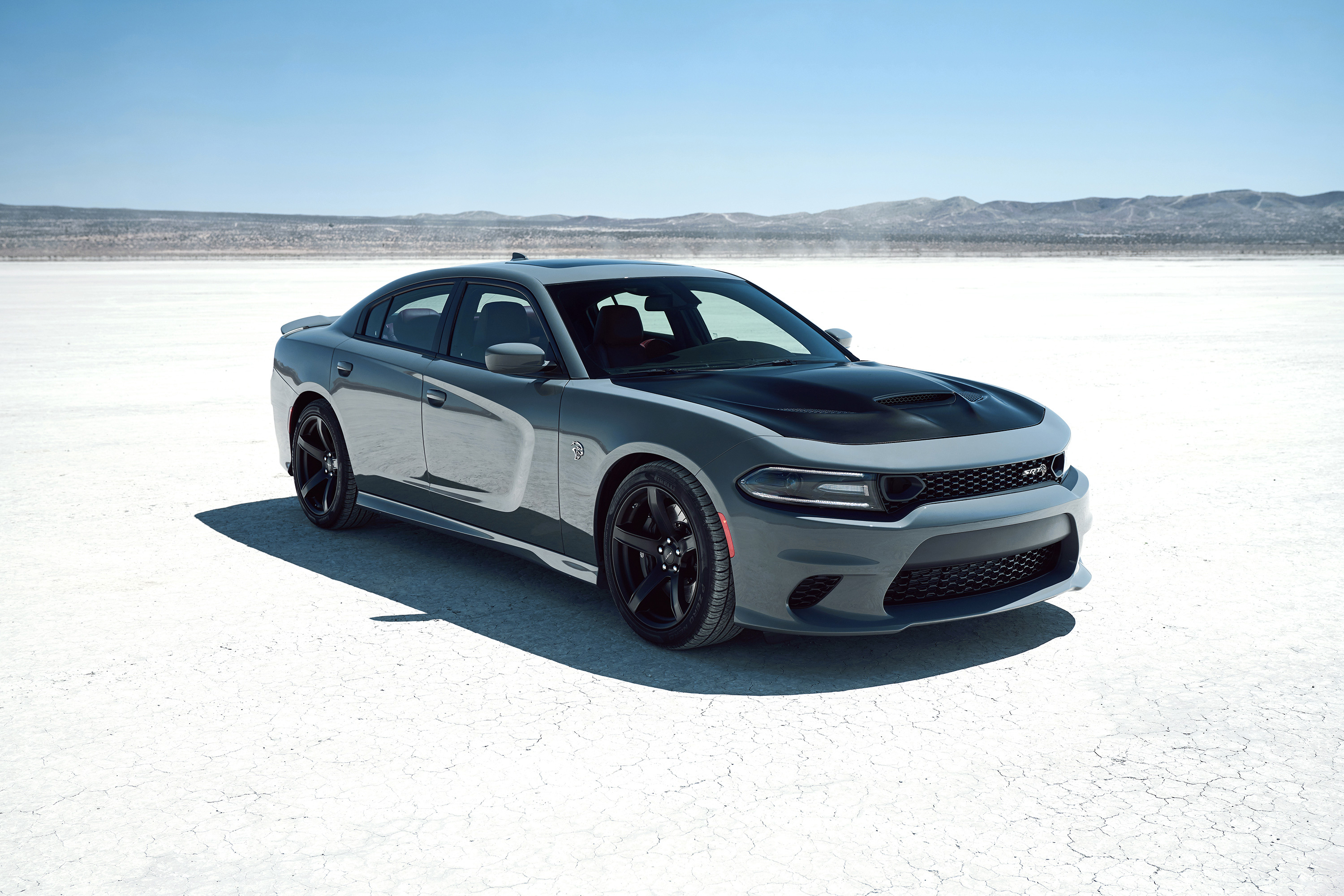 Dodge Charger SRT Hellcat, Bonneville Salt Flats, matte black hood, HD Desktop wallpaper