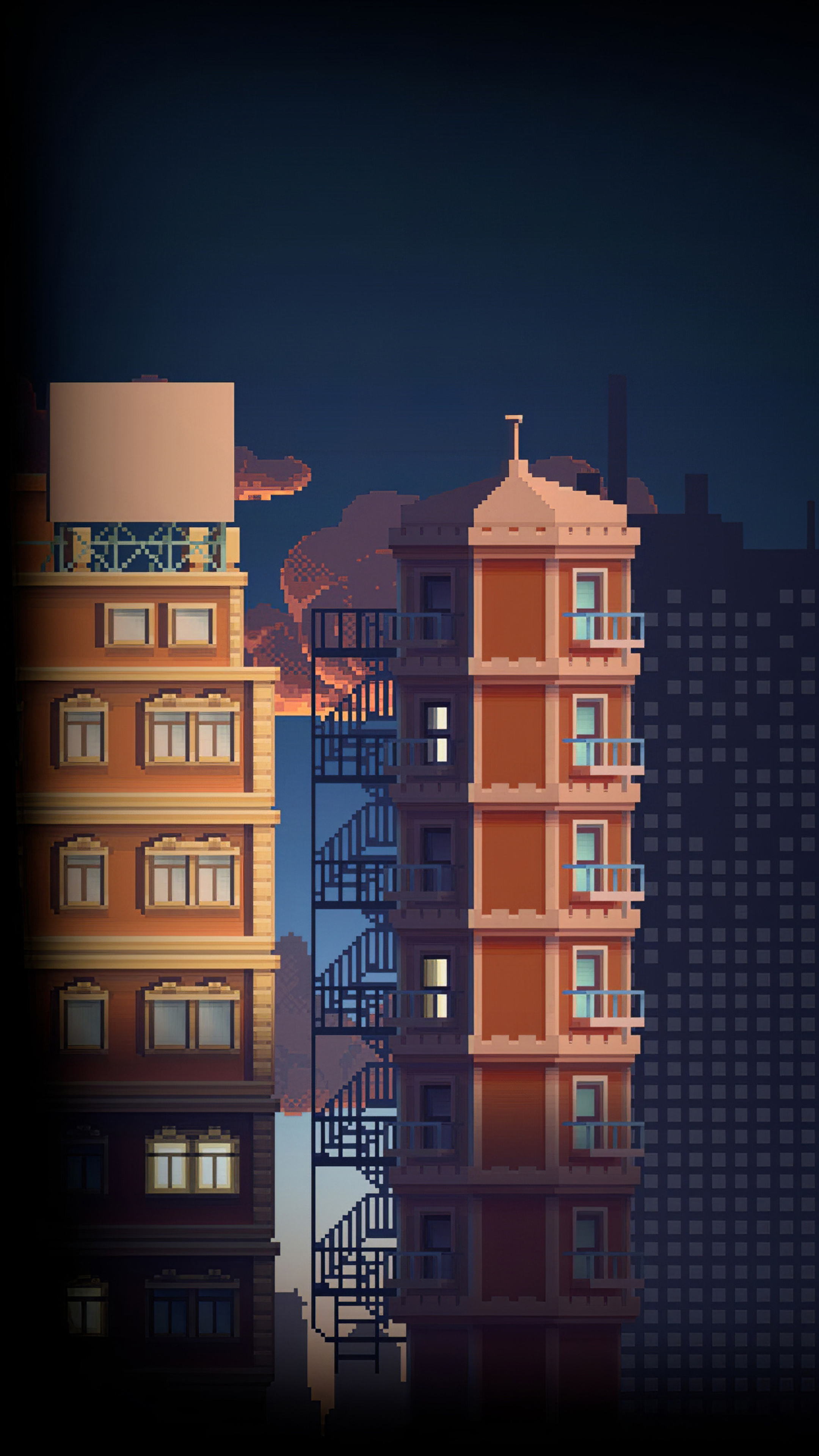 brick apartment building facade, pixel fire escape staircase, sunset pixel sky clouds, 4K Phone wallpaper