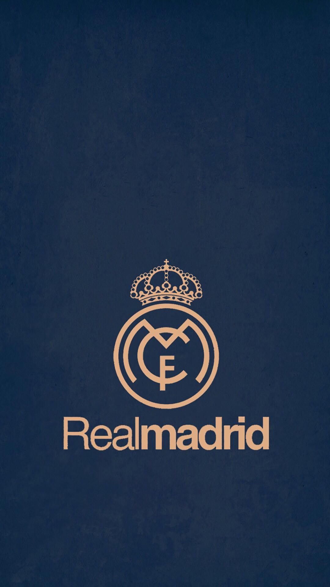 Real Madrid CF crest, Realmadrid text, navy blue textured surface, Full HD Phone wallpaper