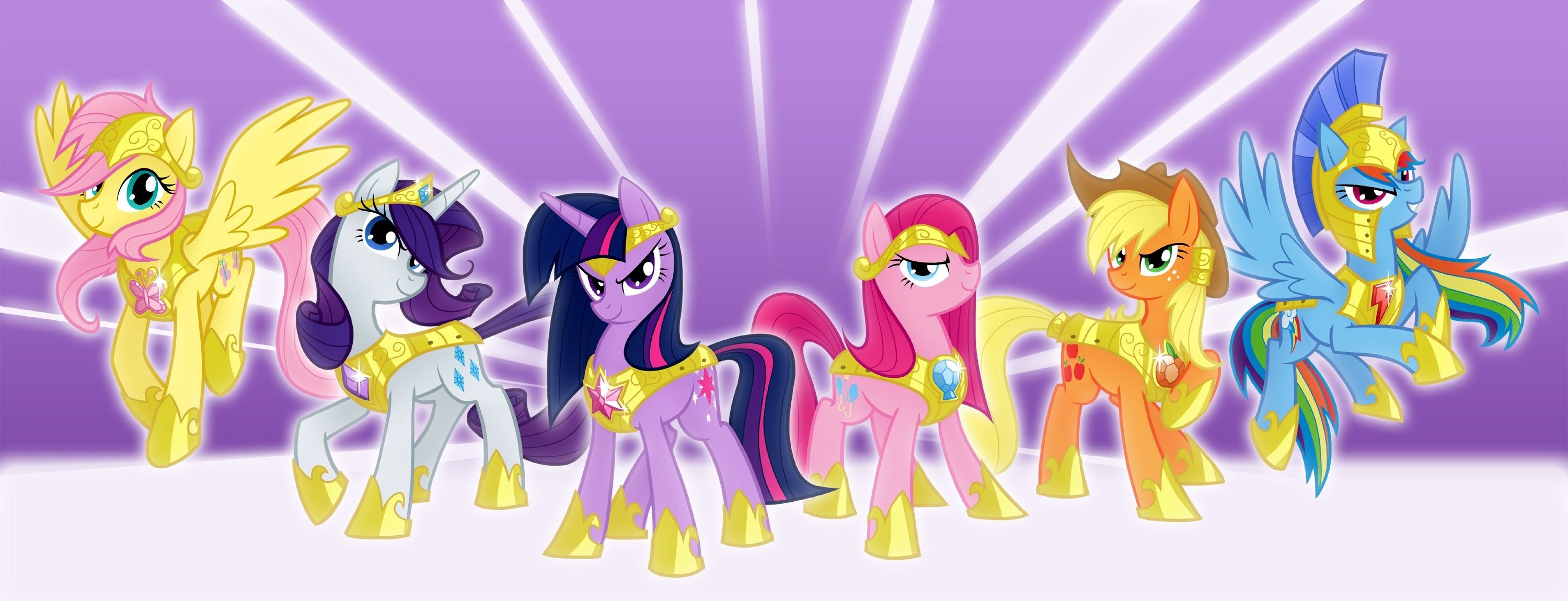 Mane Six in golden armor, Twilight Sparkle, Rainbow Dash in golden helmet, Pinkie Pie and Applejack, Fluttershy and Rarity, Dual Screen Desktop wallpaper